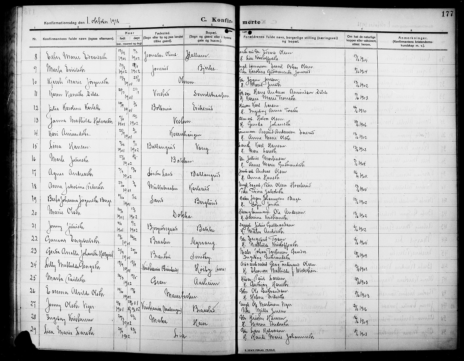 Lunner prestekontor, AV/SAH-PREST-118/H/Ha/Hab/L0001: Parish register (copy) no. 1, 1909-1922, p. 177