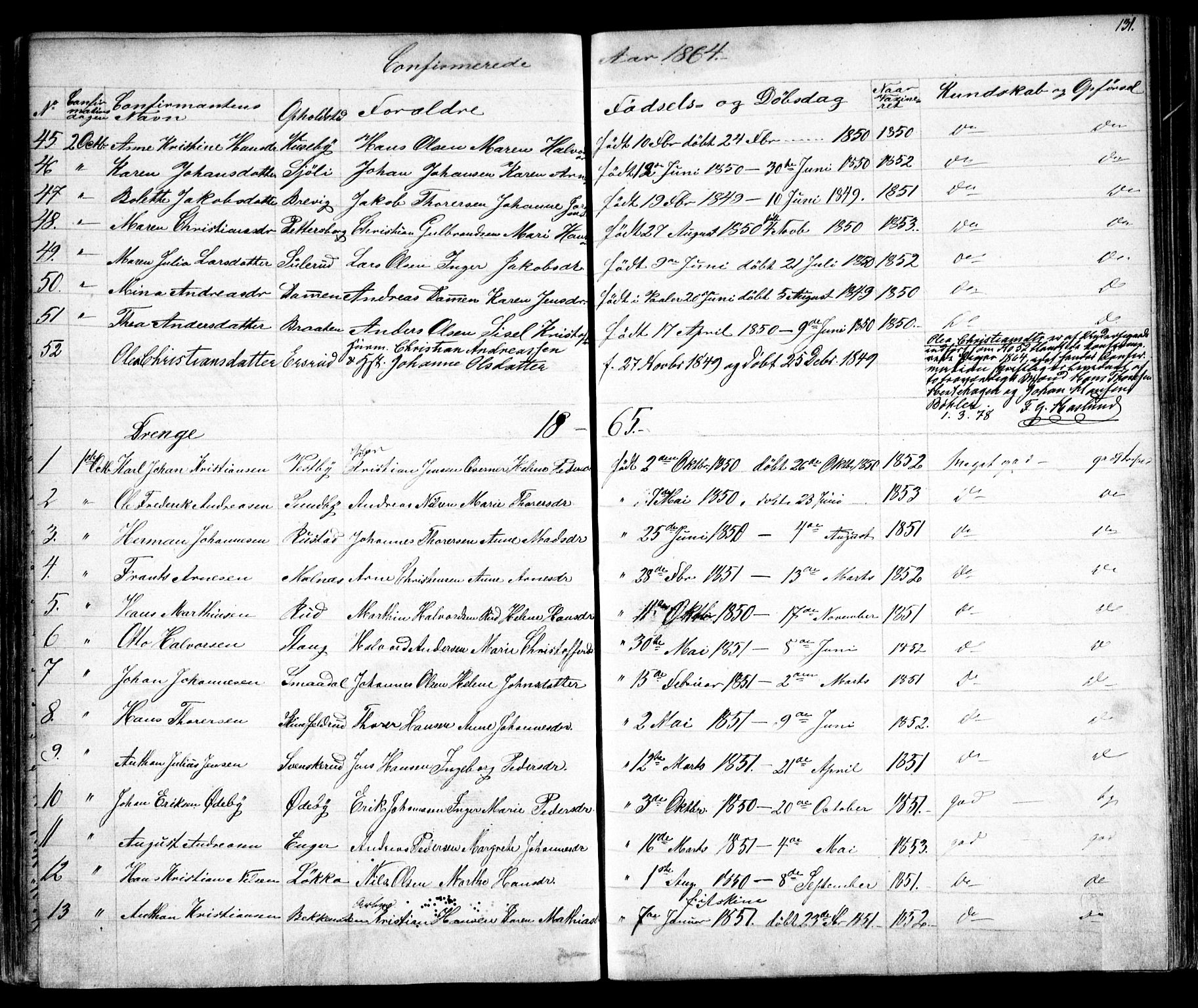 Enebakk prestekontor Kirkebøker, SAO/A-10171c/F/Fa/L0010: Parish register (official) no. I 10, 1829-1876, p. 131