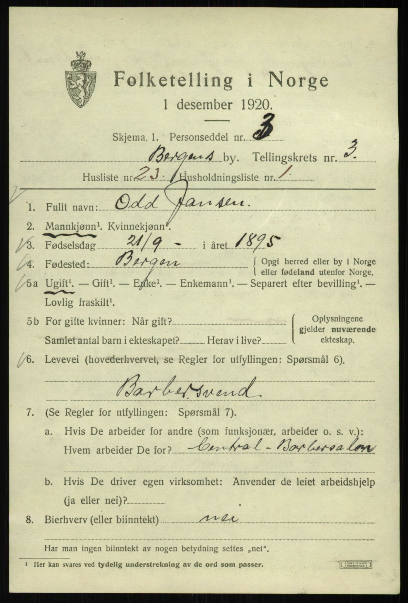 SAB, 1920 census for Bergen, 1920, p. 62125