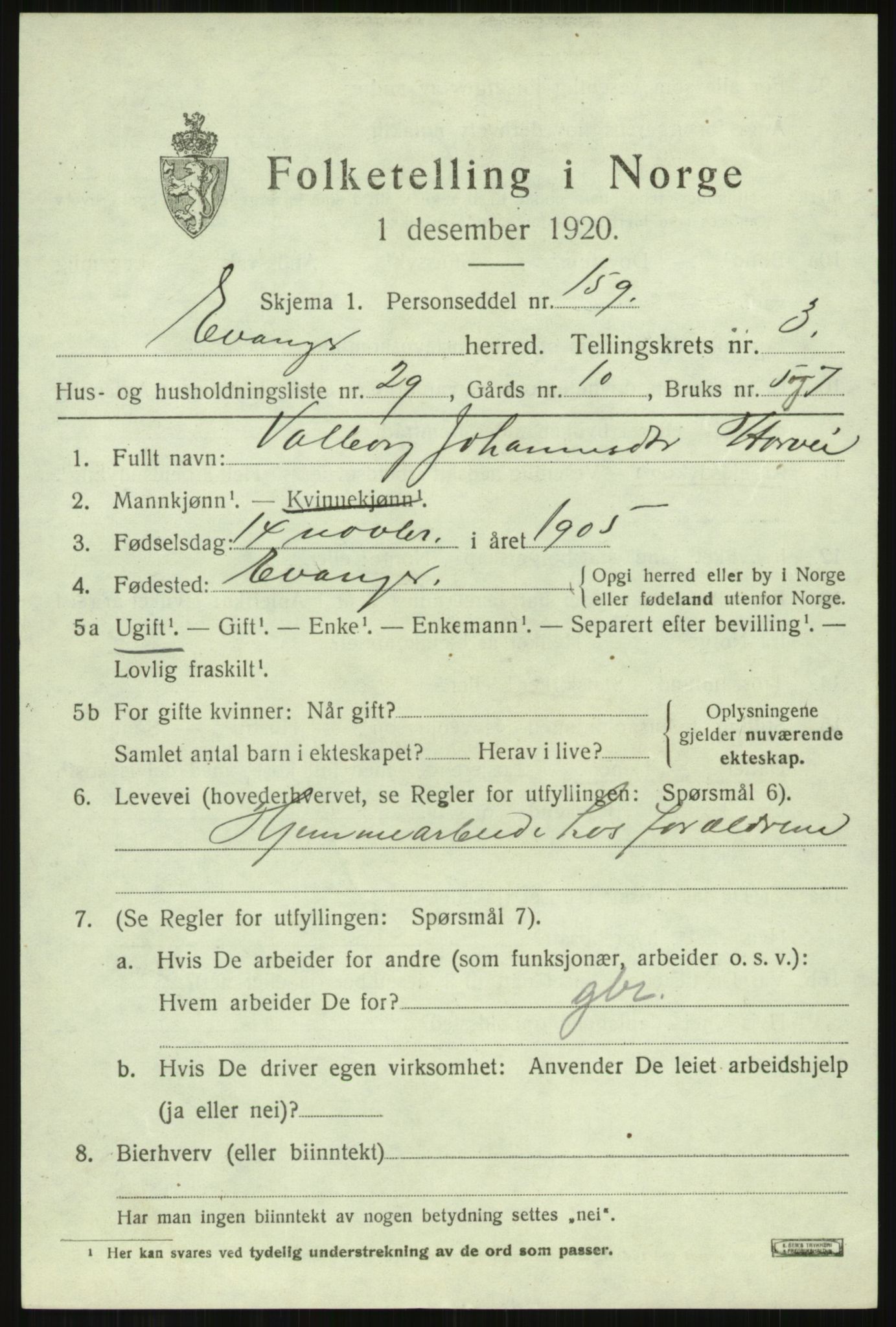 SAB, 1920 census for Evanger, 1920, p. 1351
