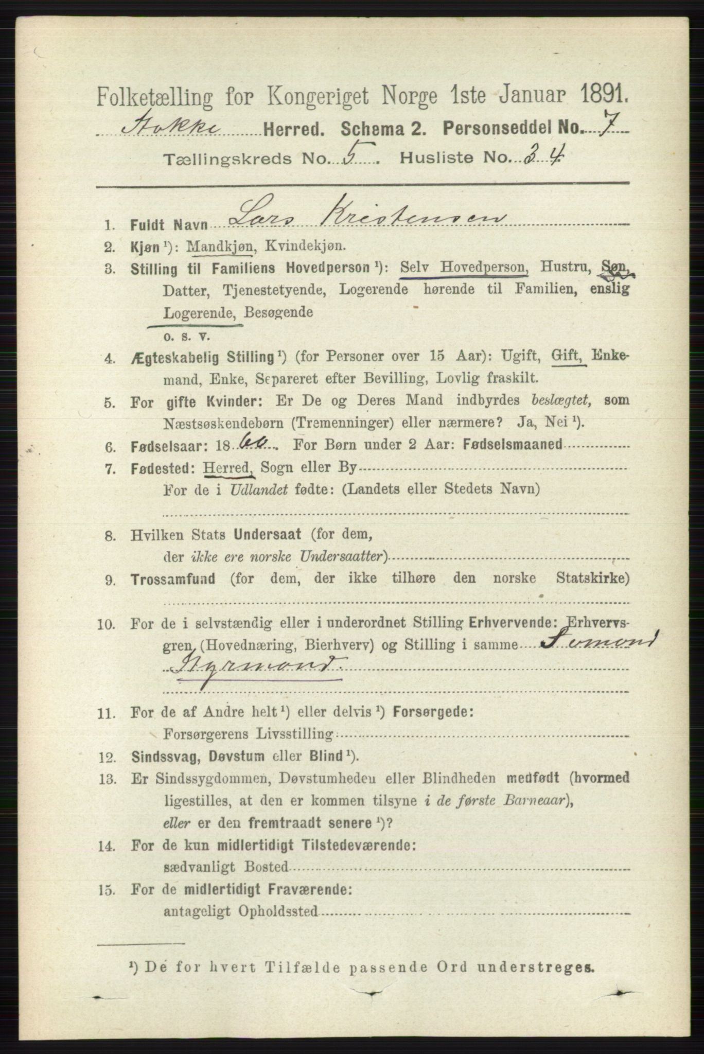 RA, 1891 census for 0720 Stokke, 1891, p. 3275