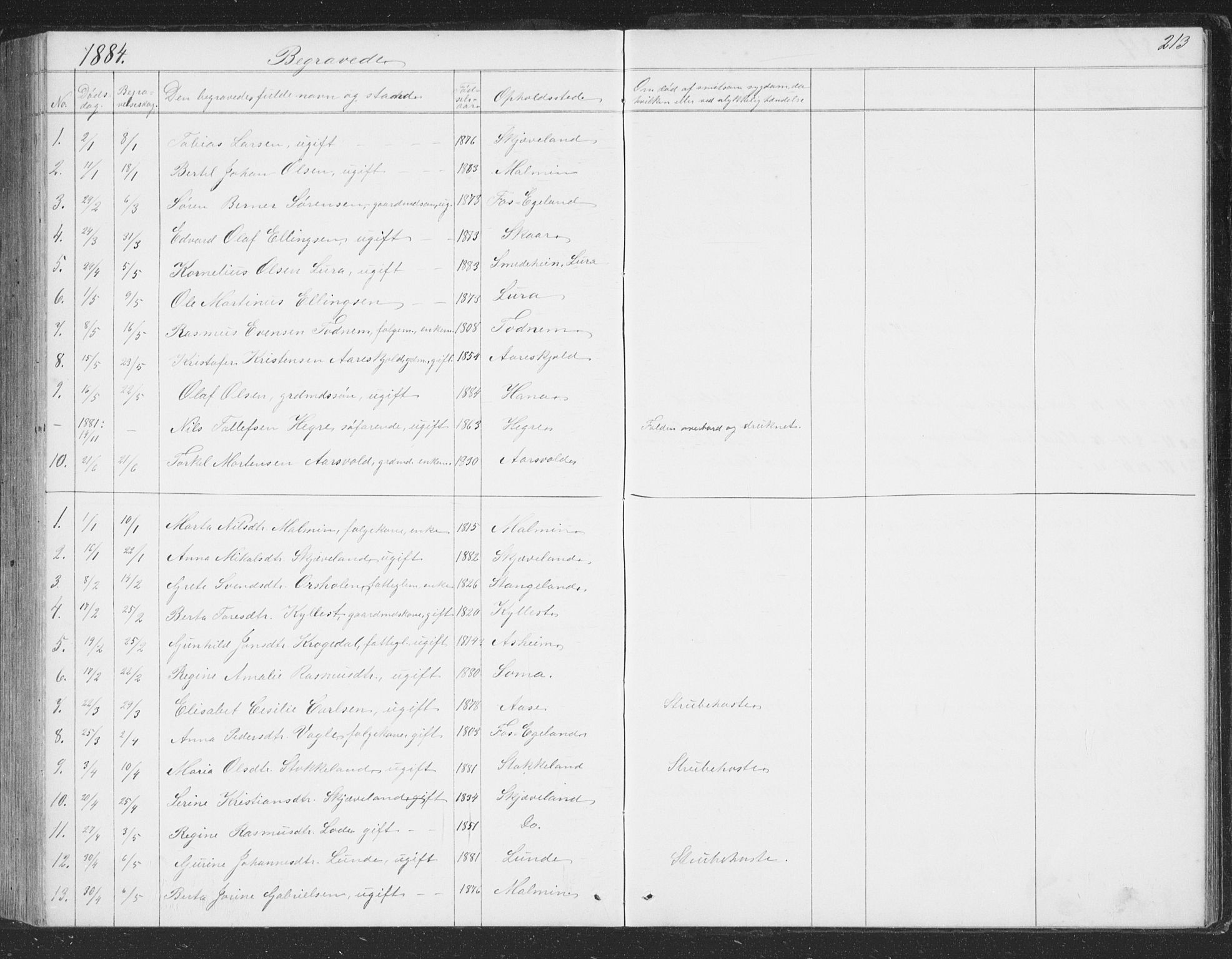 Høyland sokneprestkontor, SAST/A-101799/001/30BB/L0002: Parish register (copy) no. B 2, 1874-1886, p. 213