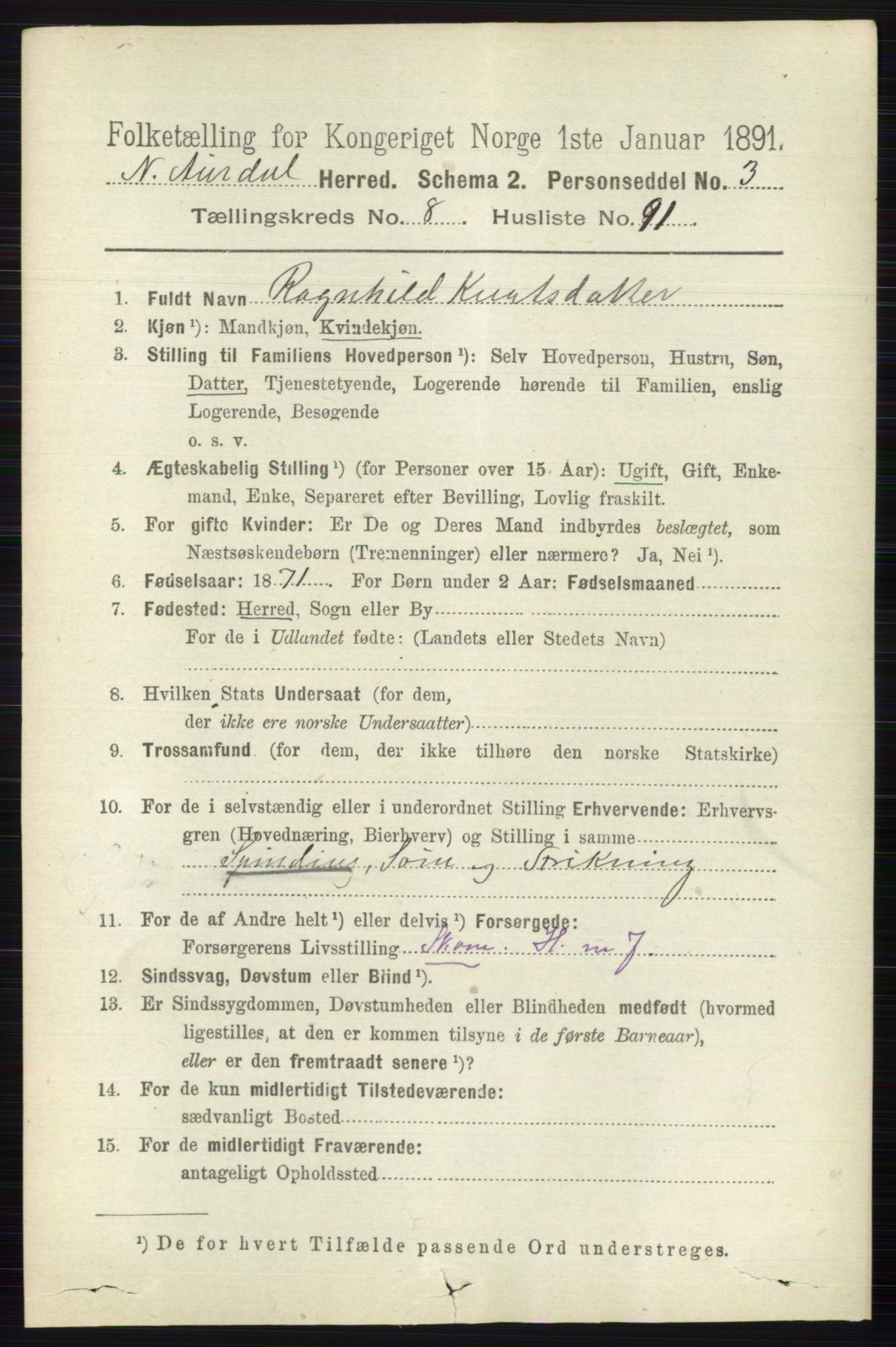 RA, 1891 census for 0542 Nord-Aurdal, 1891, p. 3363