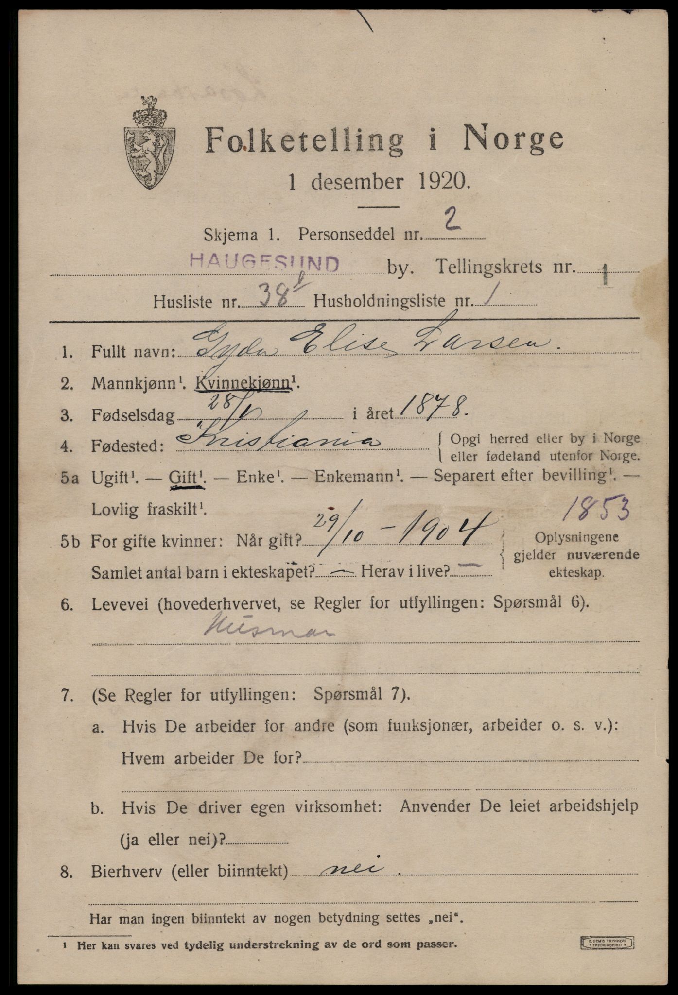 SAST, 1920 census for Haugesund, 1920, p. 12115