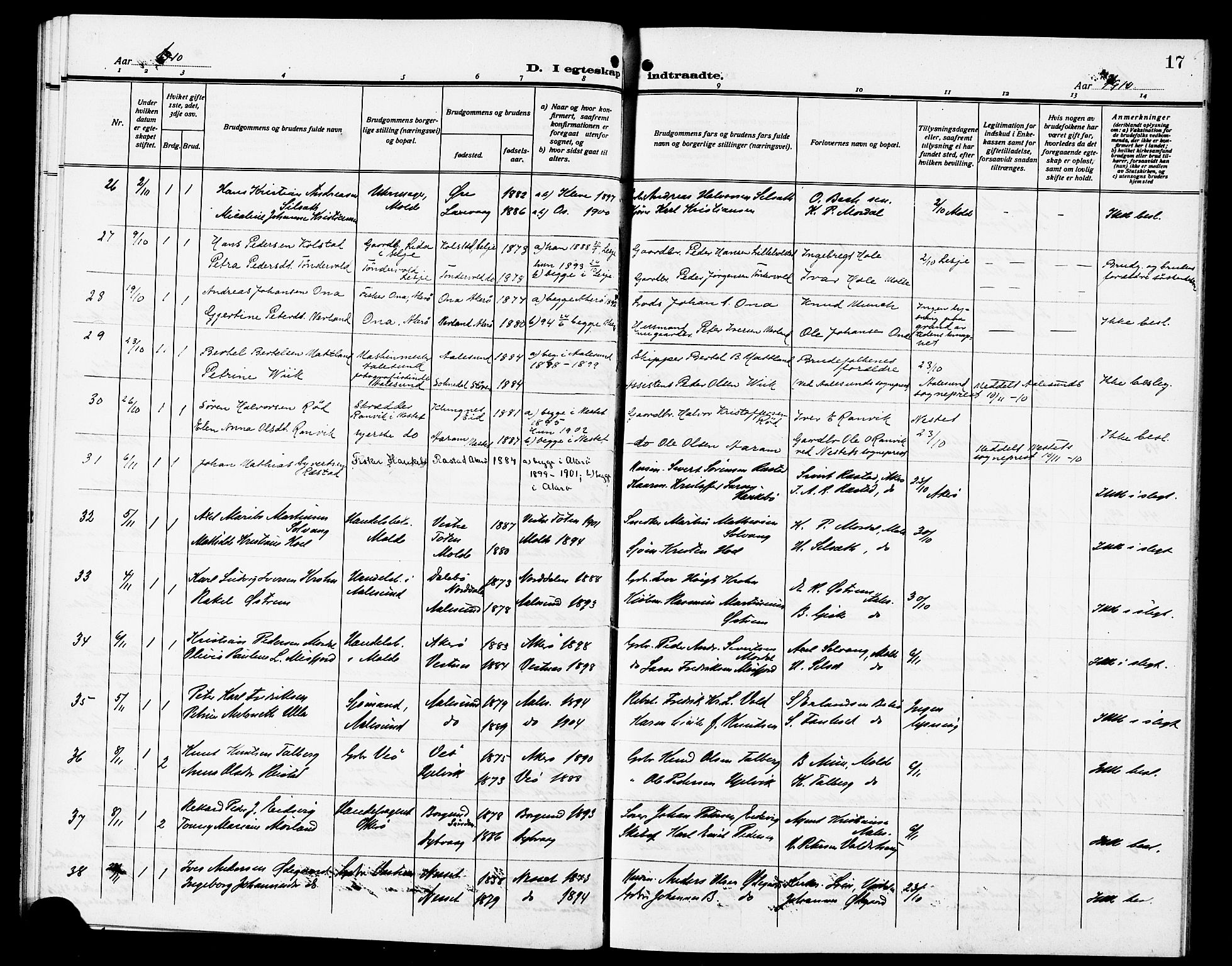 Ministerialprotokoller, klokkerbøker og fødselsregistre - Møre og Romsdal, AV/SAT-A-1454/558/L0703: Parish register (copy) no. 558C04, 1906-1921, p. 17