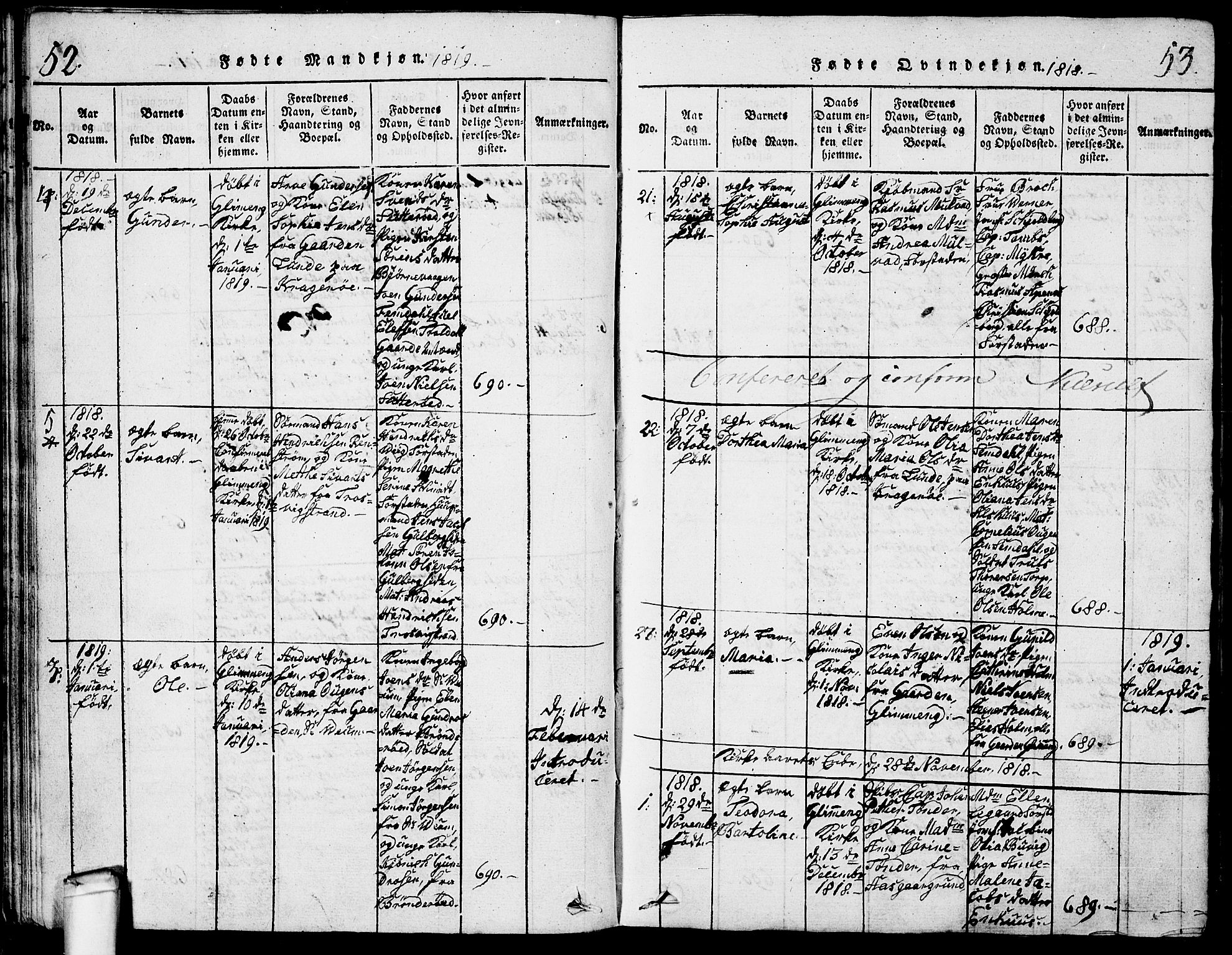 Glemmen prestekontor Kirkebøker, SAO/A-10908/G/Ga/L0001: Parish register (copy) no. 1, 1816-1838, p. 52-53