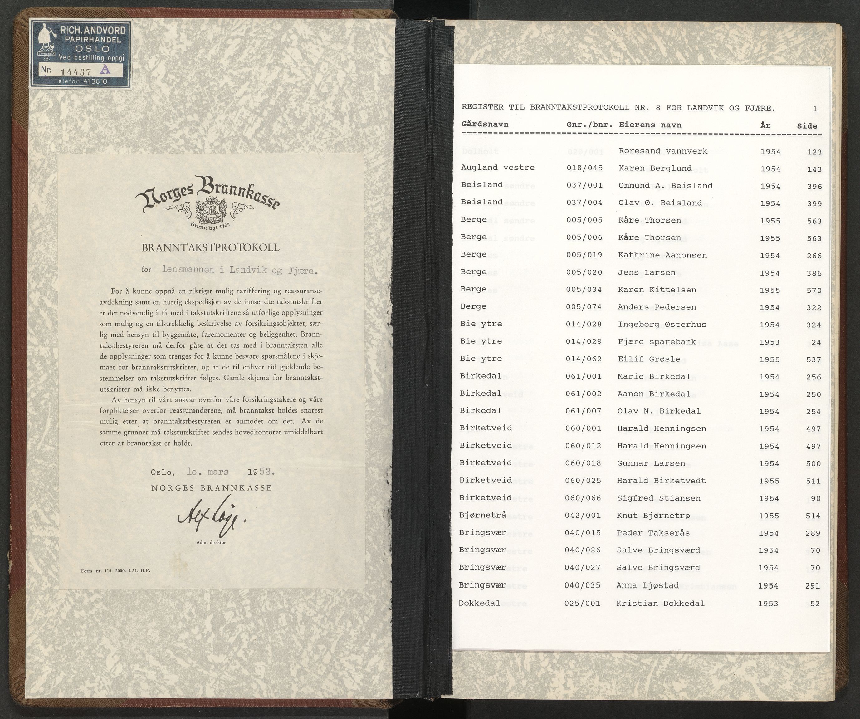 Norges Brannkasse Landvik og Fjære, AV/SAK-2241-0032/F/Fa/L0008: Branntakstprotokoll nr. 8 med gårdsnavnregister, 1953-1955