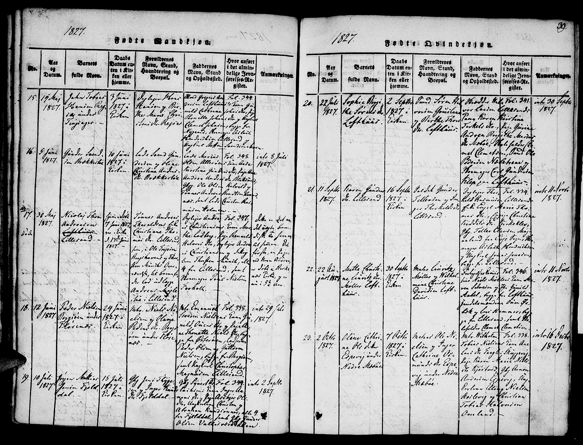 Vestre Moland sokneprestkontor, AV/SAK-1111-0046/F/Fa/Fab/L0003: Parish register (official) no. A 3, 1816-1843, p. 39