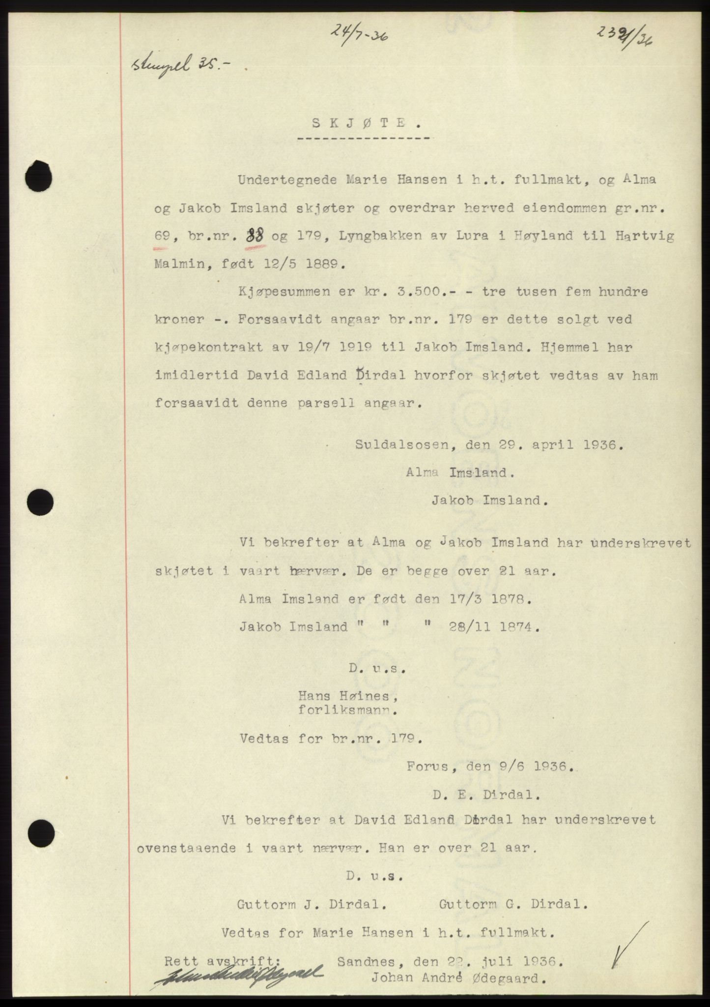 Jæren sorenskriveri, AV/SAST-A-100310/03/G/Gba/L0066: Mortgage book no. 71-72, 1936-1936, Diary no: : 2391/1936