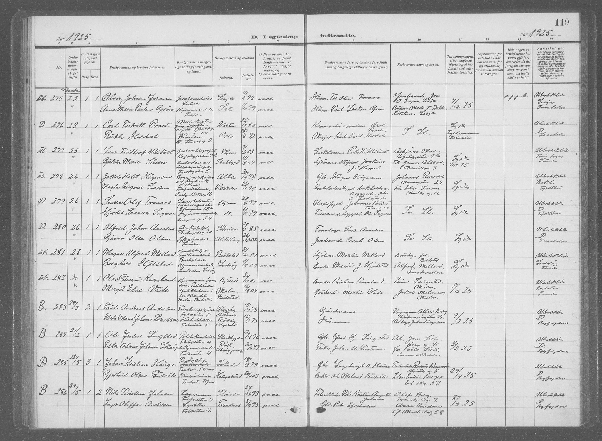 Ministerialprotokoller, klokkerbøker og fødselsregistre - Sør-Trøndelag, SAT/A-1456/601/L0098: Parish register (copy) no. 601C16, 1921-1934, p. 119