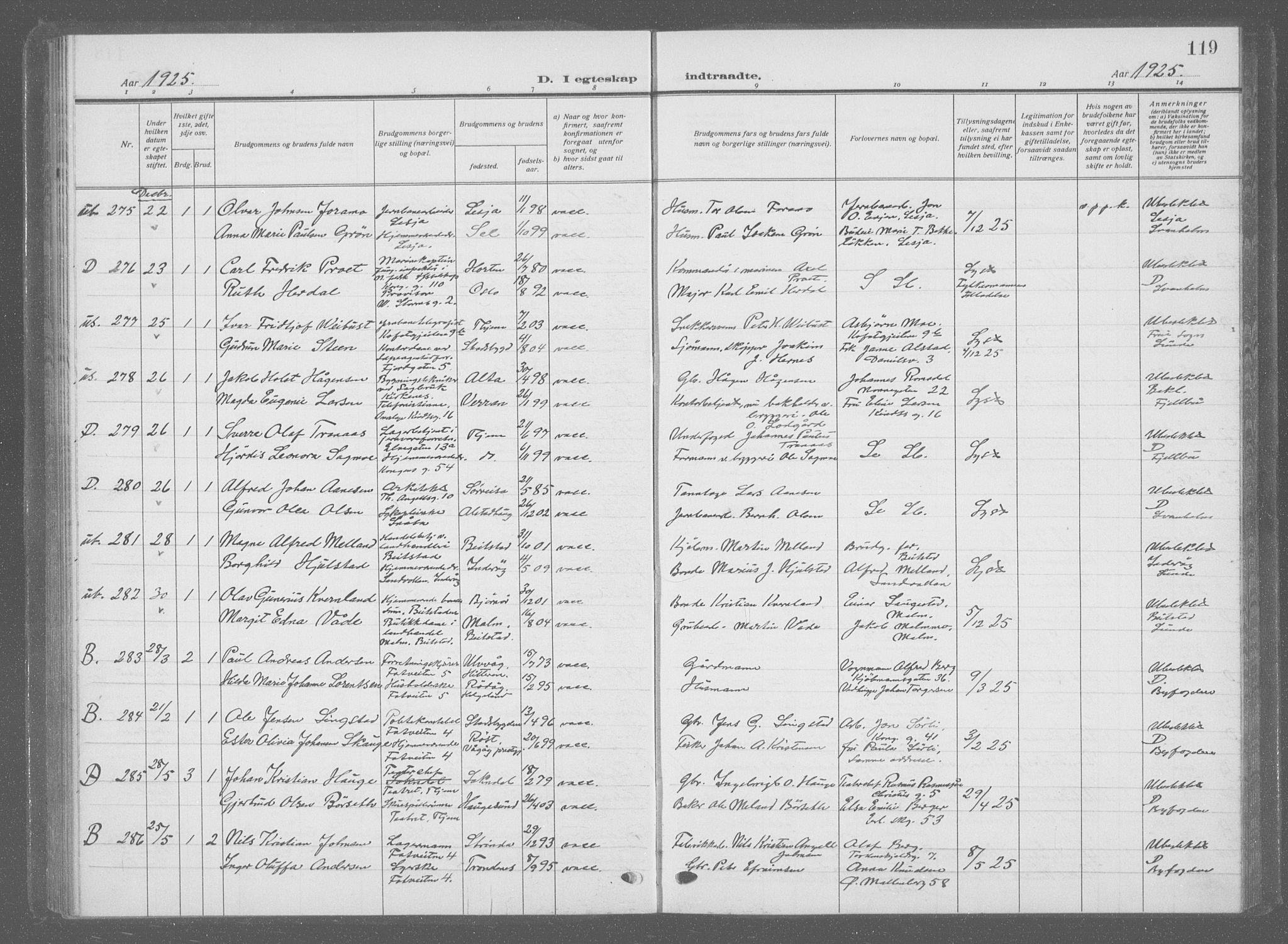 Ministerialprotokoller, klokkerbøker og fødselsregistre - Sør-Trøndelag, AV/SAT-A-1456/601/L0098: Parish register (copy) no. 601C16, 1921-1934, p. 119