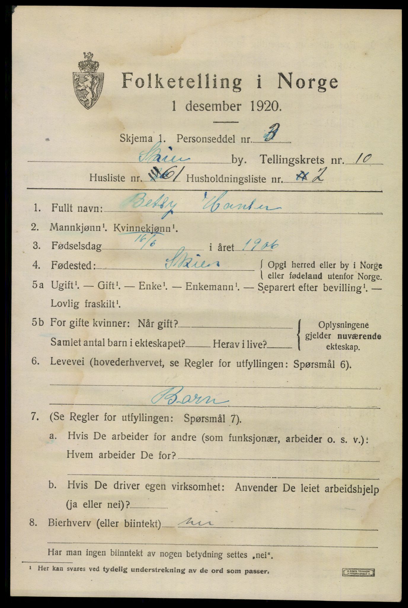 SAKO, 1920 census for Skien, 1920, p. 33130