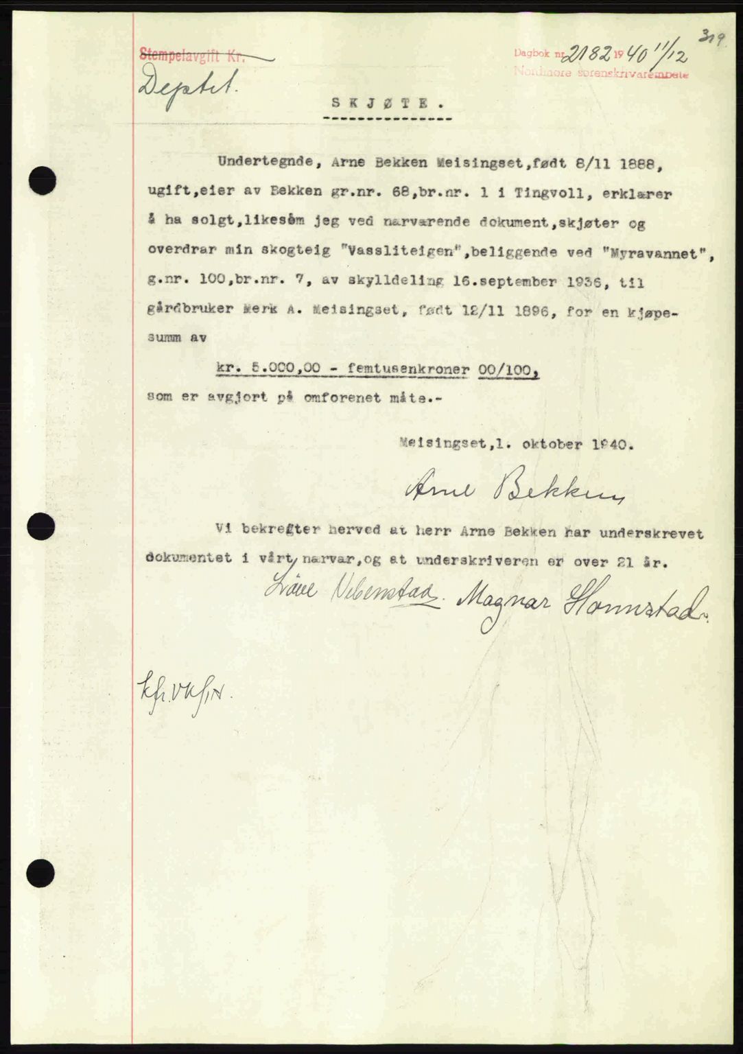 Nordmøre sorenskriveri, SAT/A-4132/1/2/2Ca: Mortgage book no. A89, 1940-1941, Diary no: : 2182/1940