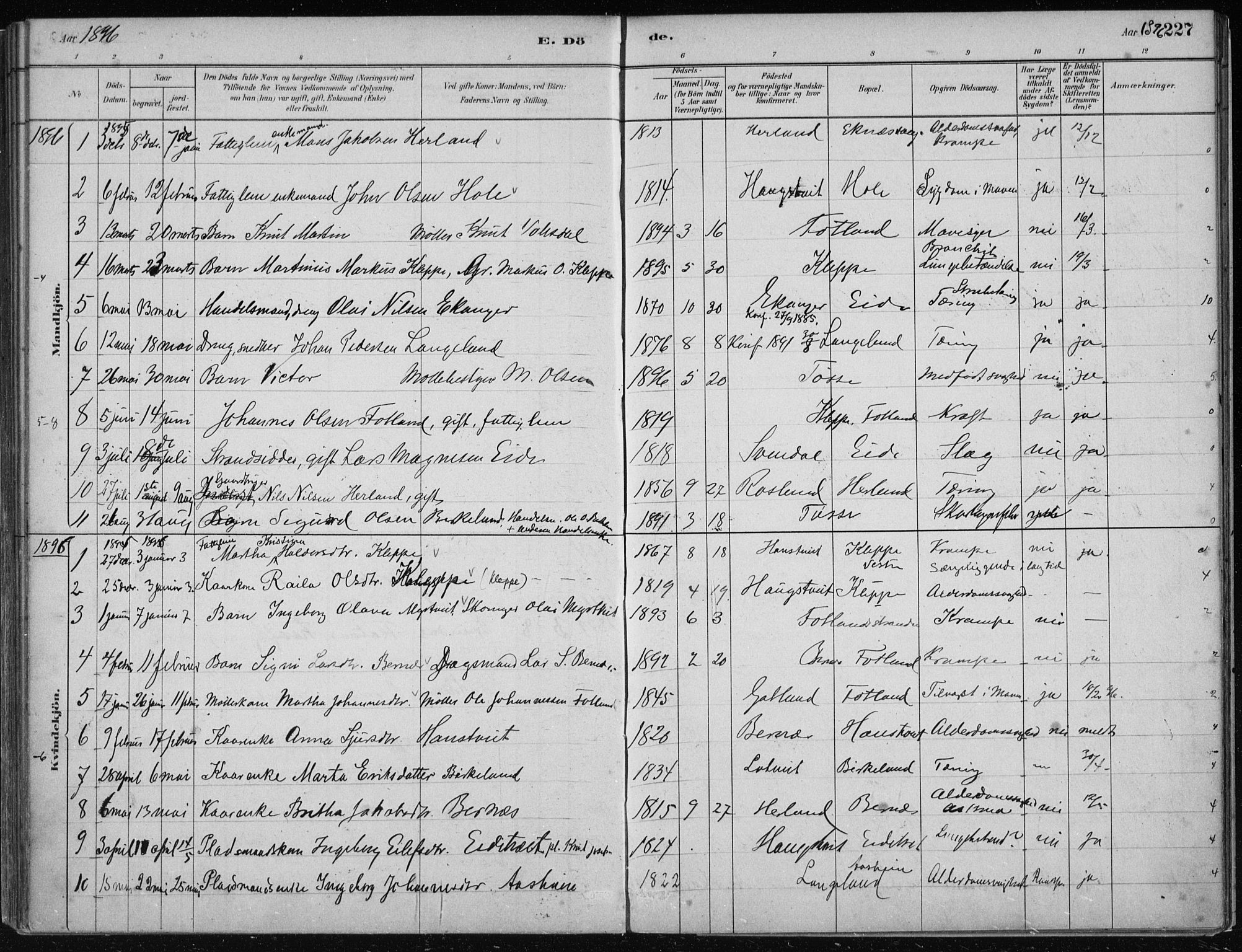 Hosanger sokneprestembete, AV/SAB-A-75801/H/Haa: Parish register (official) no. B  1, 1880-1896, p. 227