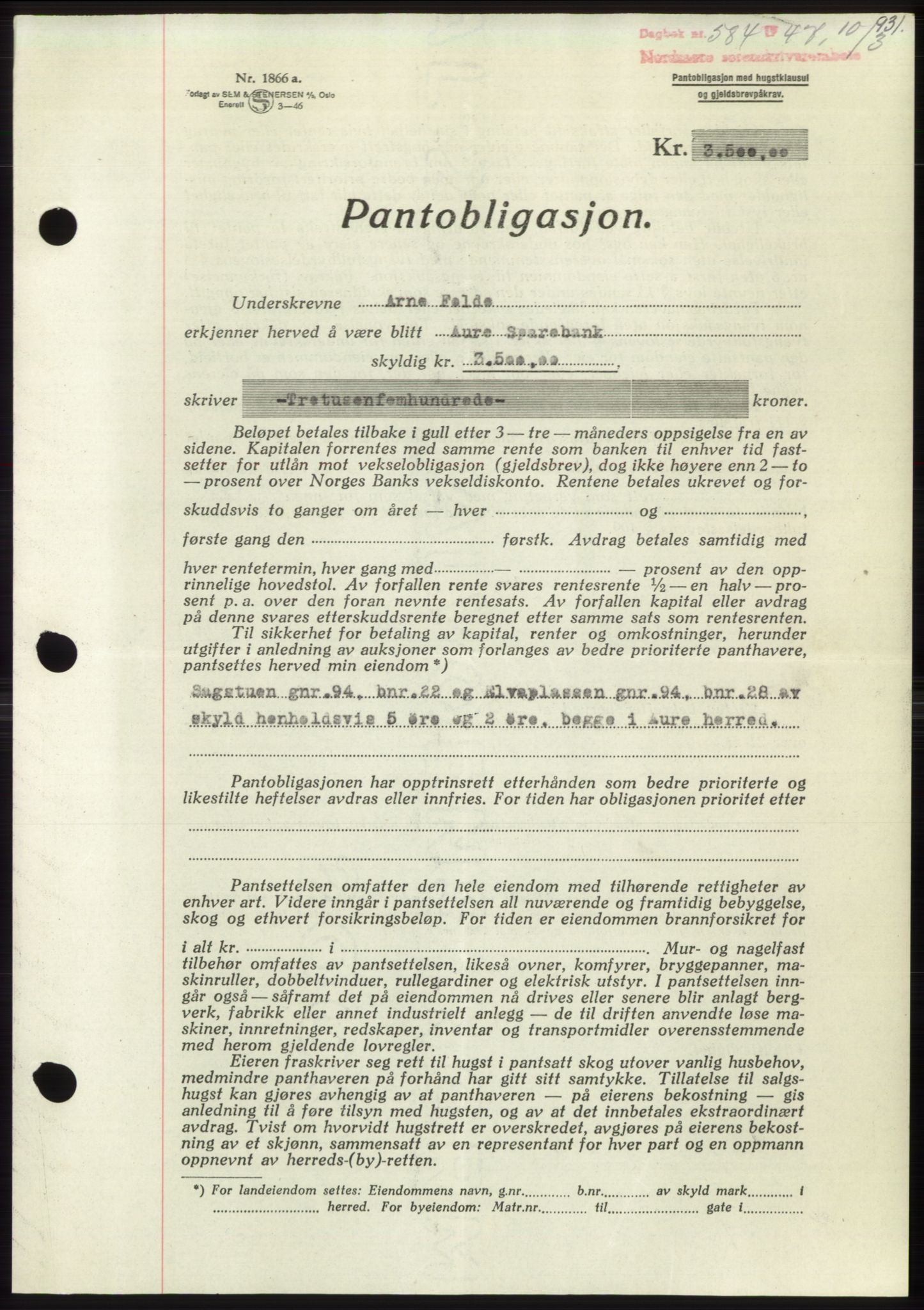 Nordmøre sorenskriveri, AV/SAT-A-4132/1/2/2Ca: Mortgage book no. B95, 1946-1947, Diary no: : 584/1947