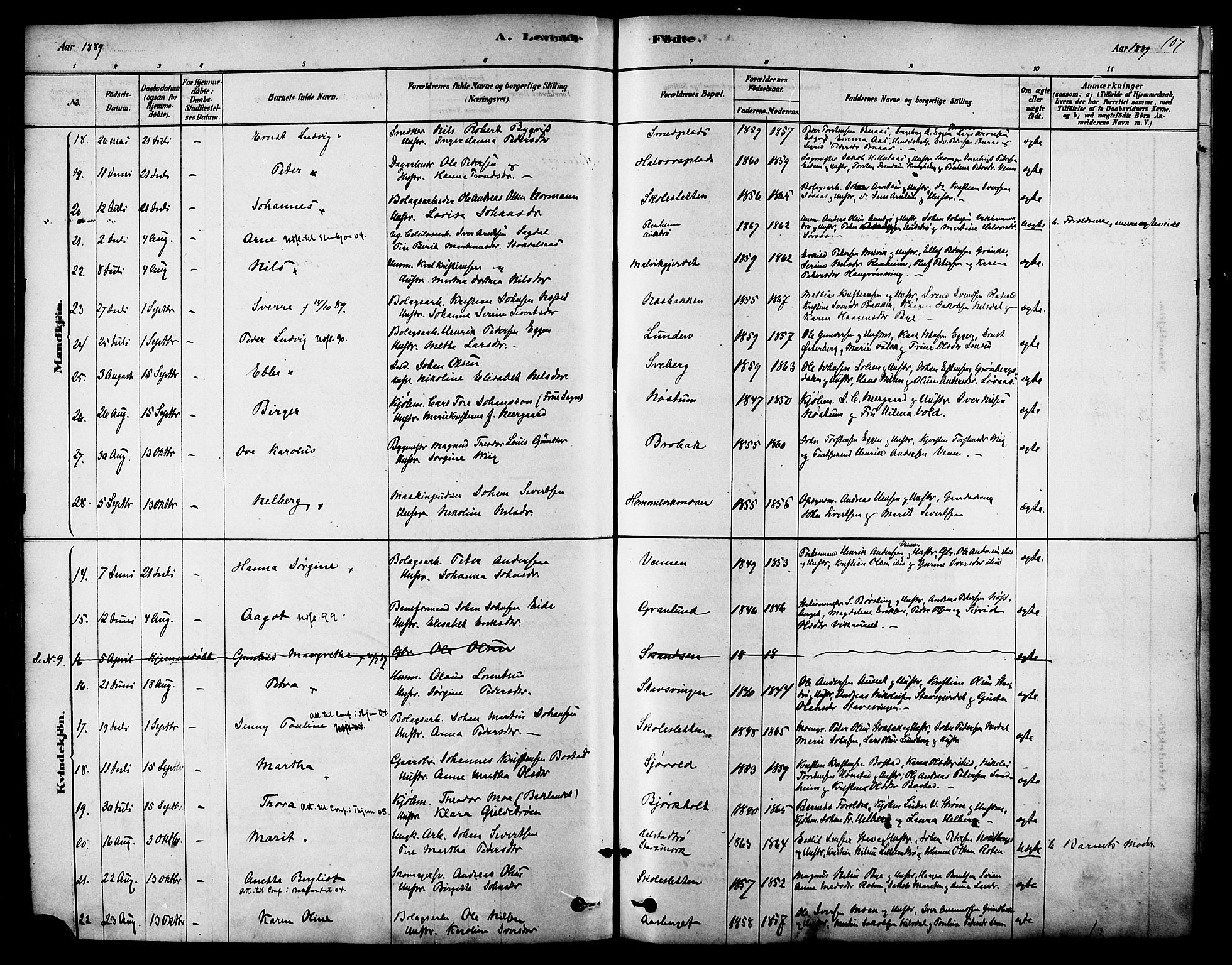 Ministerialprotokoller, klokkerbøker og fødselsregistre - Sør-Trøndelag, SAT/A-1456/616/L0410: Parish register (official) no. 616A07, 1878-1893, p. 107
