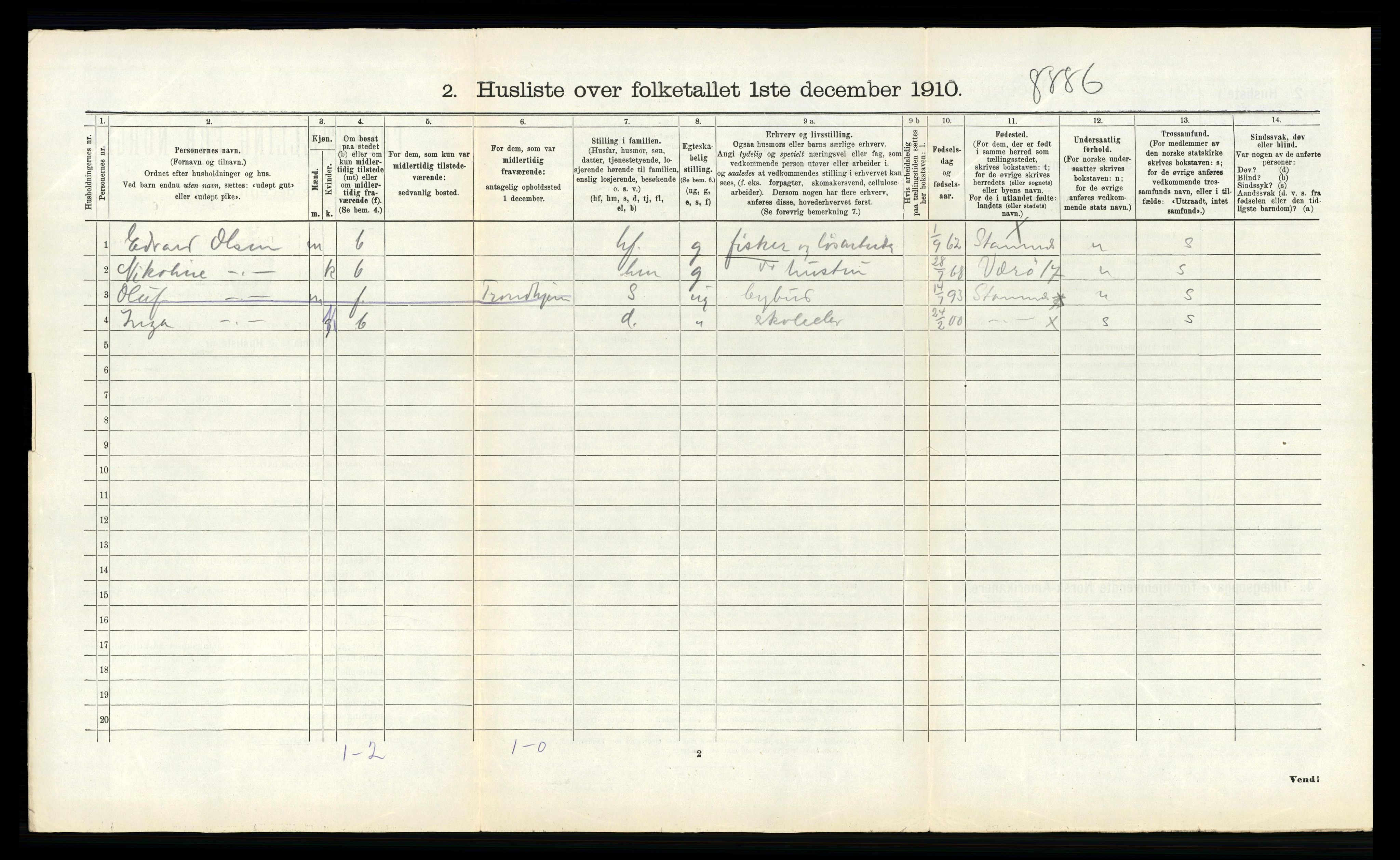 RA, 1910 census for Stamnes, 1910, p. 407