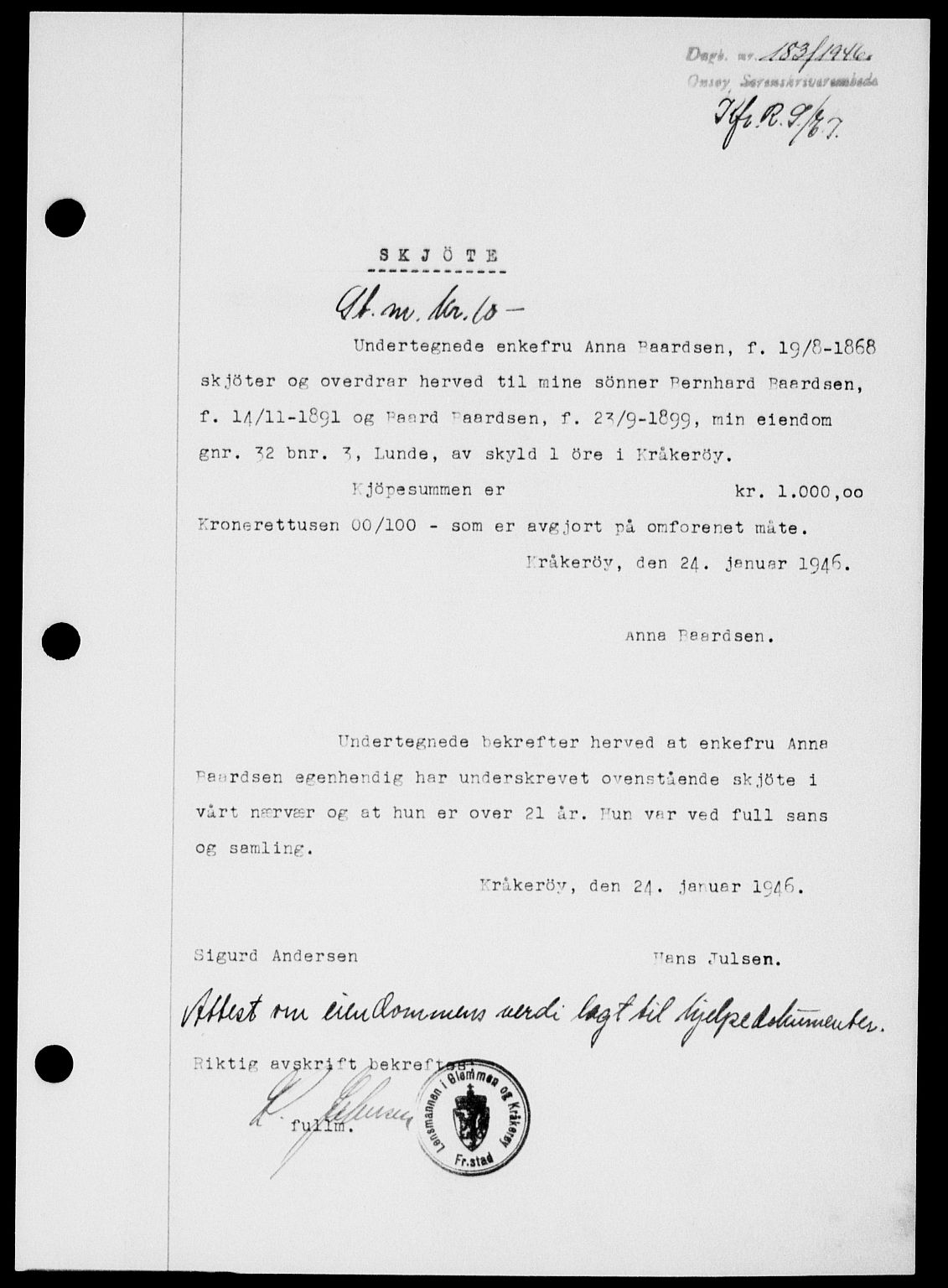 Onsøy sorenskriveri, SAO/A-10474/G/Ga/Gab/L0015: Mortgage book no. II A-15, 1945-1946, Diary no: : 183/1946
