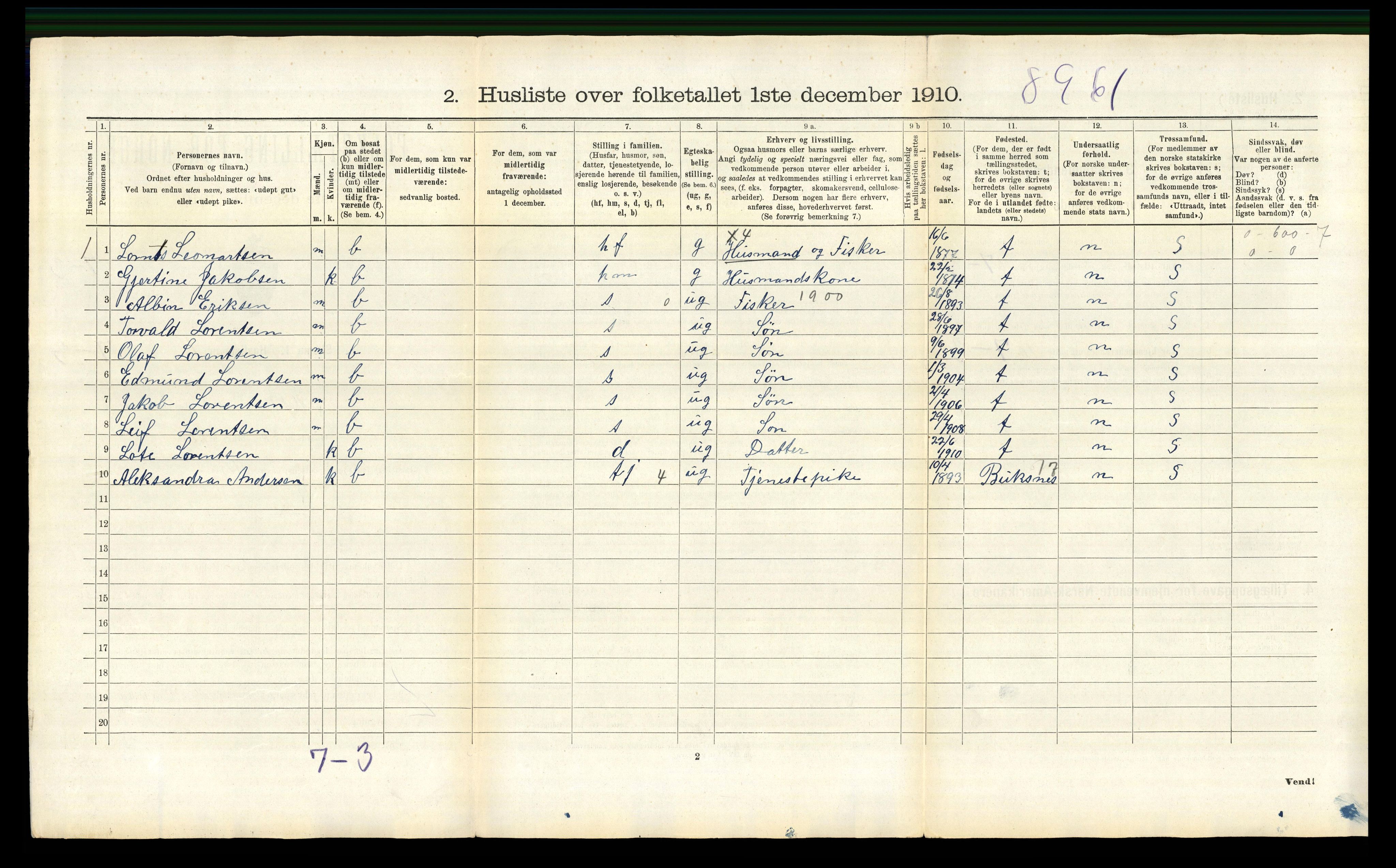 RA, 1910 census for Flakstad, 1910, p. 909