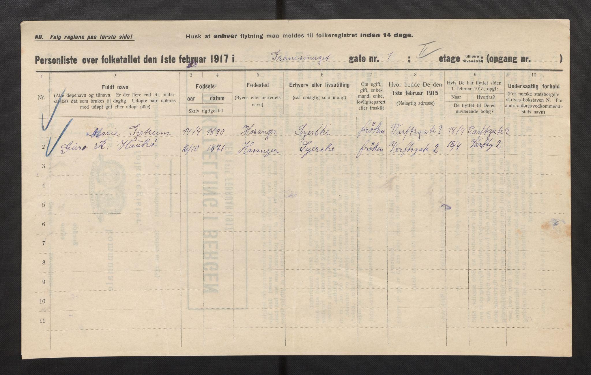 SAB, Municipal Census 1917 for Bergen, 1917, p. 10427