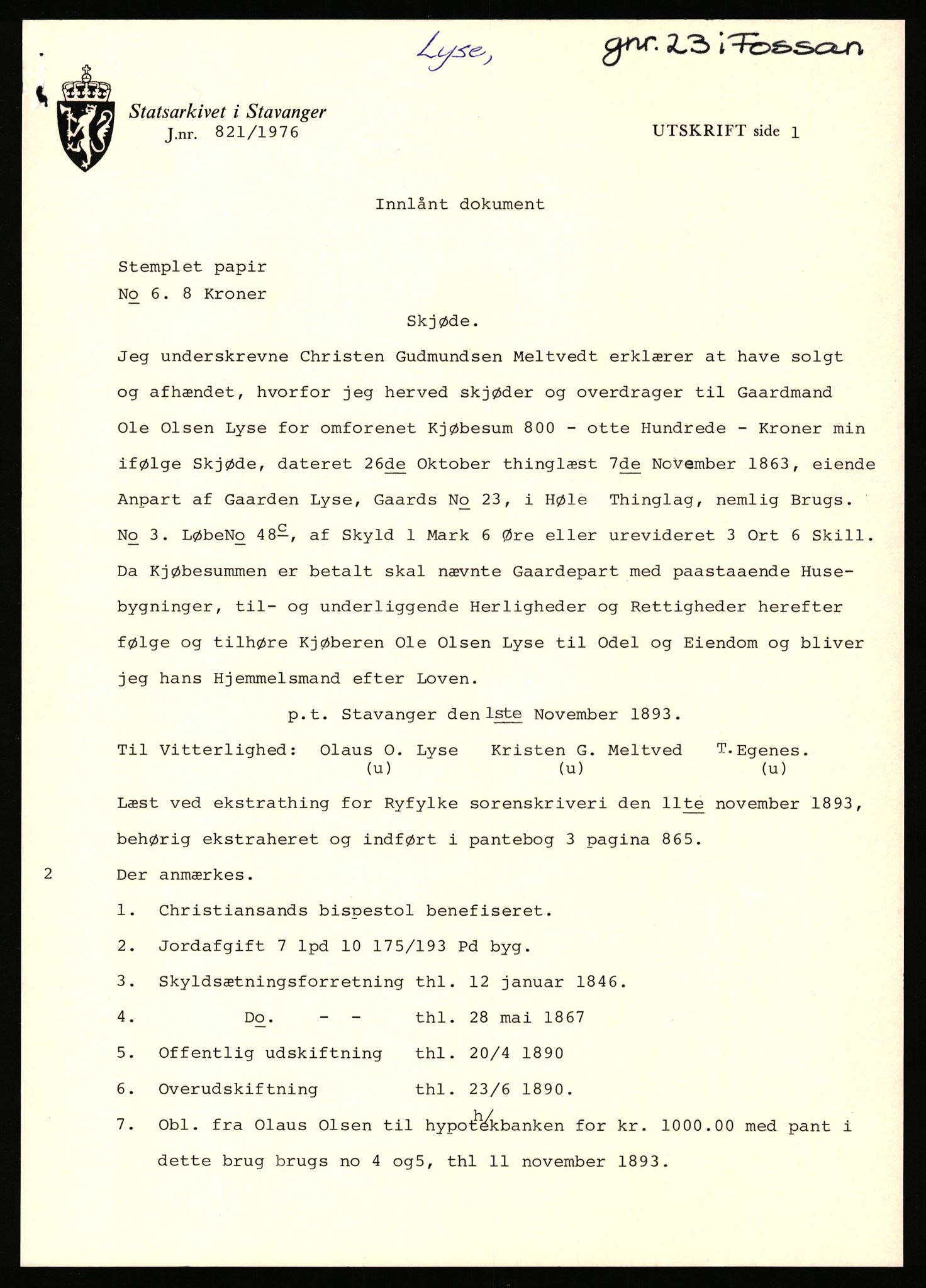 Statsarkivet i Stavanger, AV/SAST-A-101971/03/Y/Yj/L0055: Avskrifter sortert etter gårdsnavn: Lunde nordre - Løining i Elven, 1750-1930, p. 628