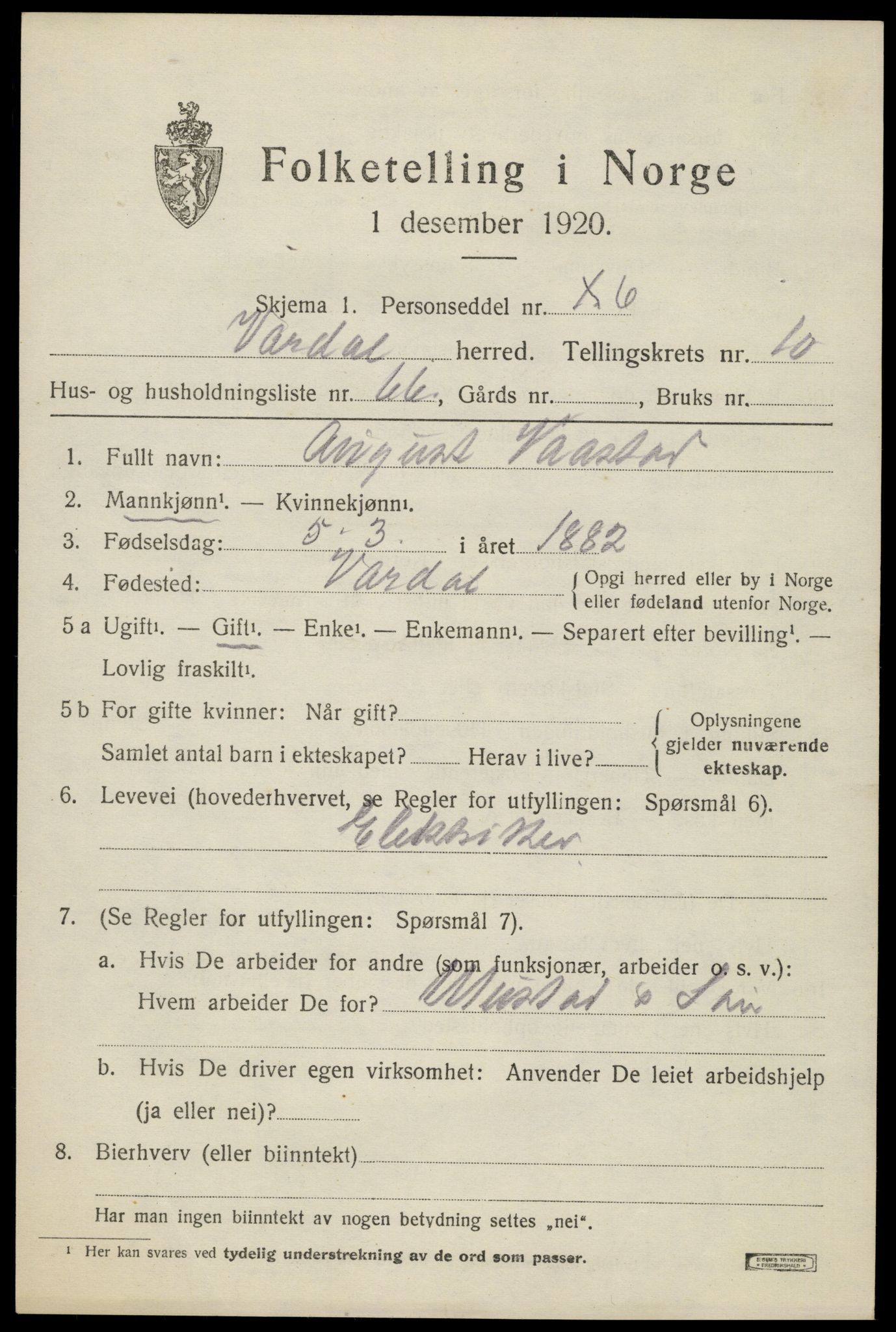 SAH, 1920 census for Vardal, 1920, p. 9603