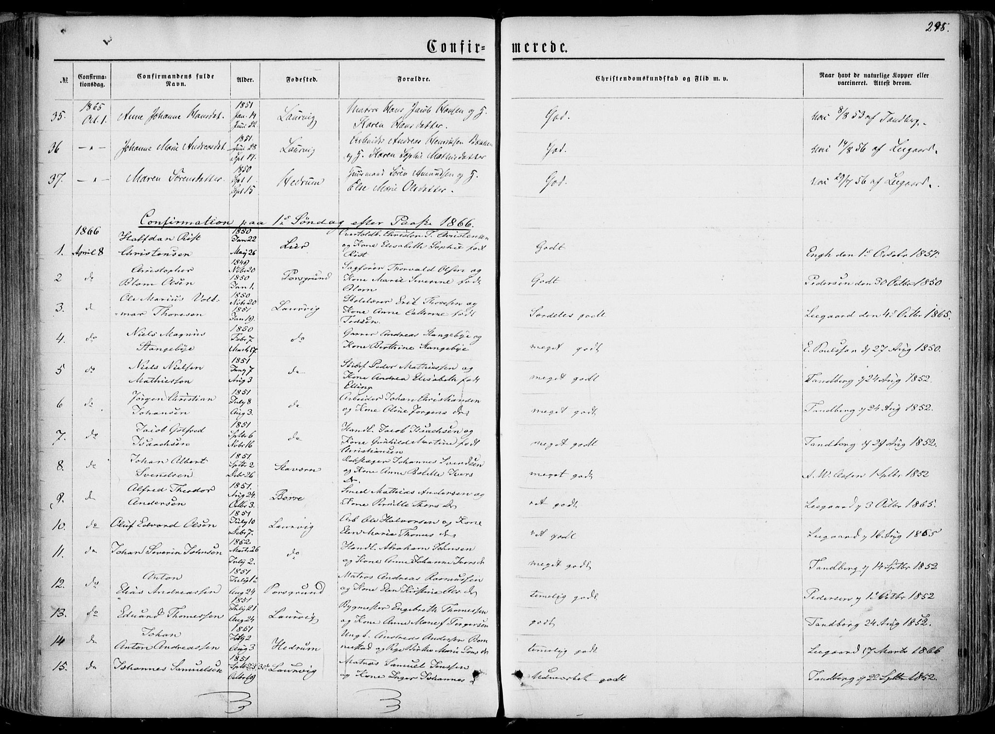 Larvik kirkebøker, SAKO/A-352/F/Fa/L0004: Parish register (official) no. I 4, 1856-1870, p. 298