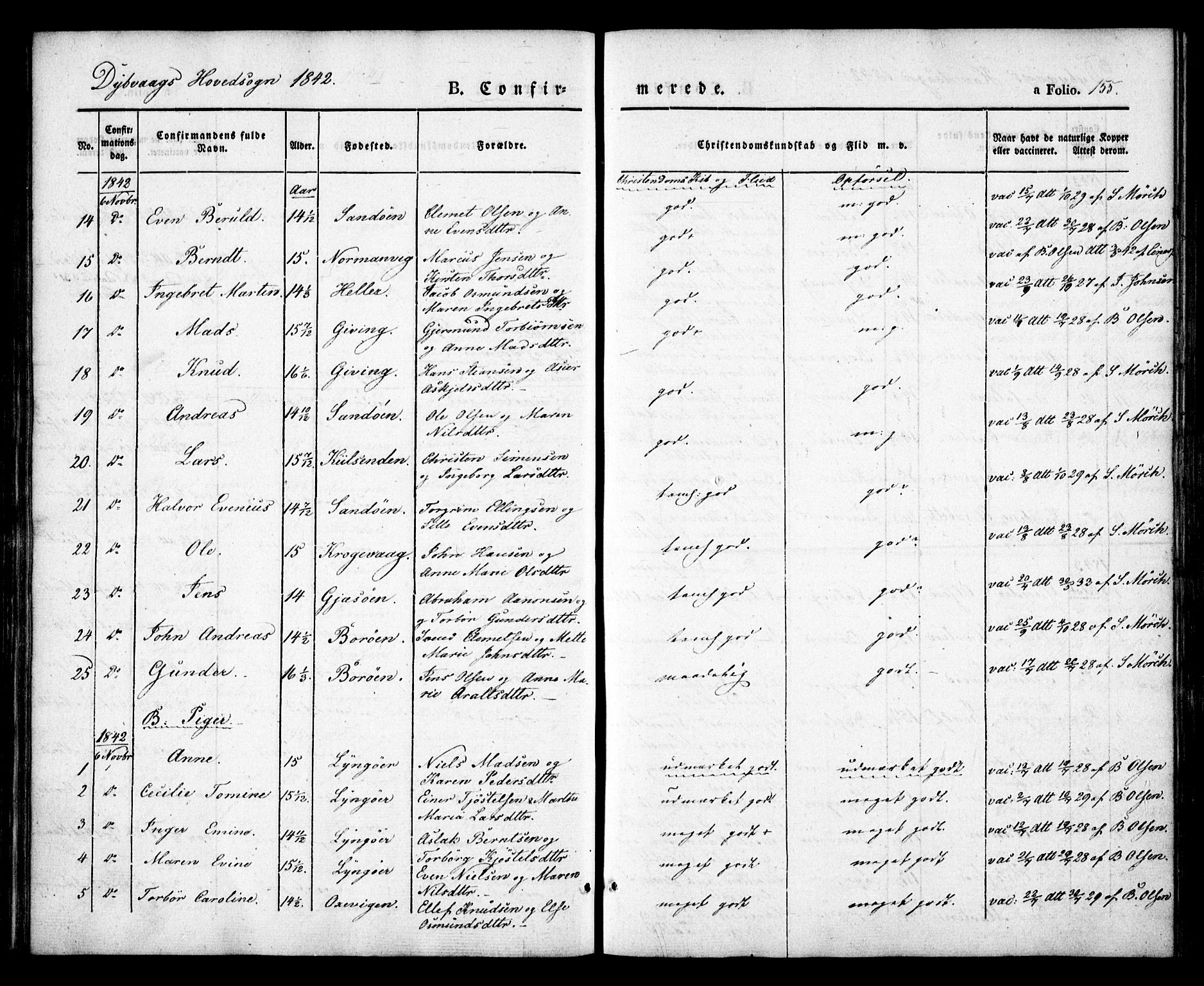 Dypvåg sokneprestkontor, AV/SAK-1111-0007/F/Fa/Faa/L0005: Parish register (official) no. A 5, 1841-1854, p. 155