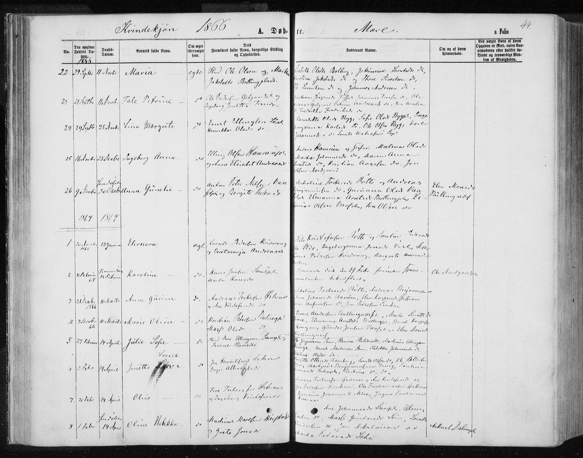 Ministerialprotokoller, klokkerbøker og fødselsregistre - Nord-Trøndelag, SAT/A-1458/735/L0345: Parish register (official) no. 735A08 /1, 1863-1872, p. 44