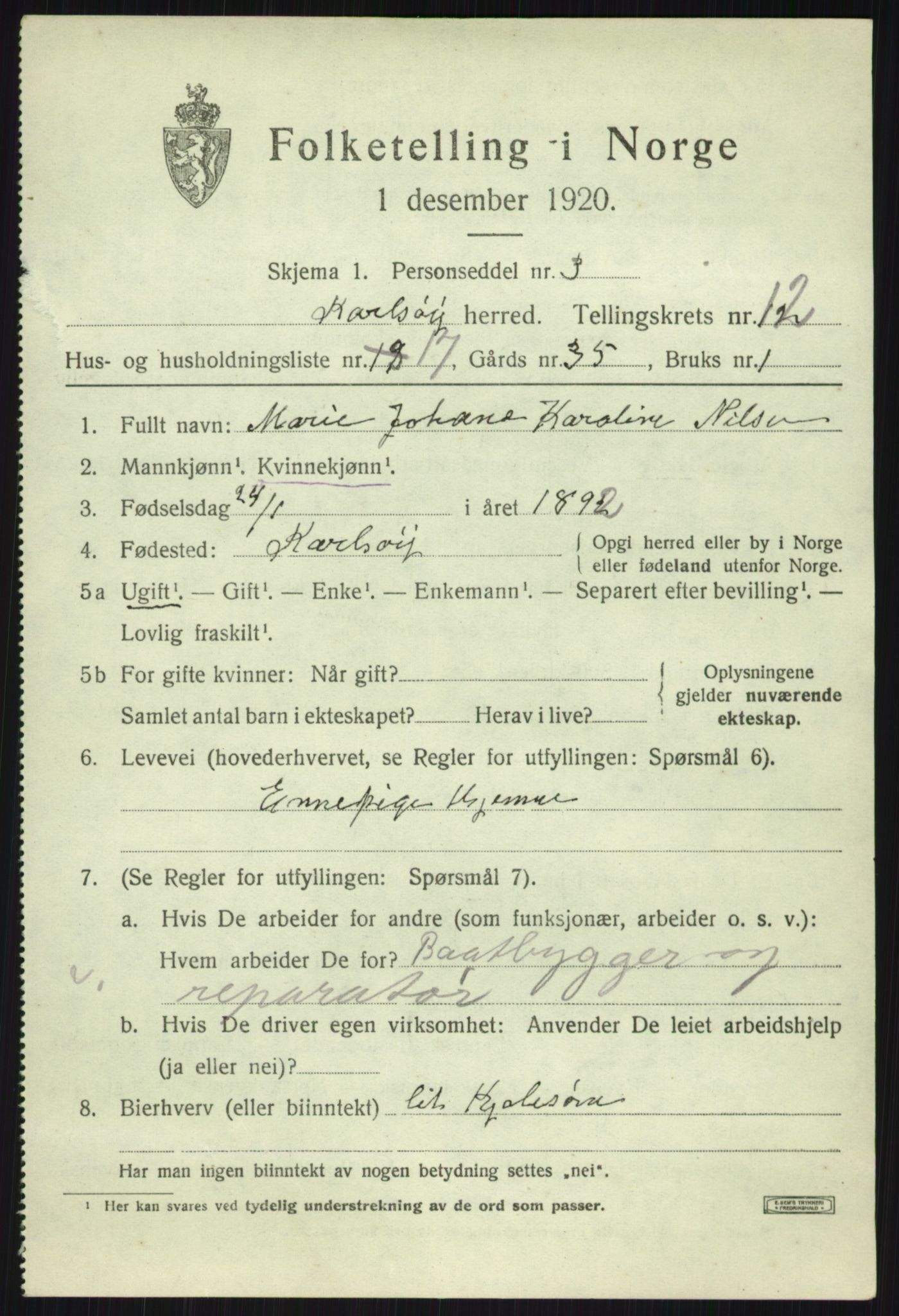 SATØ, 1920 census for Karlsøy, 1920, p. 4452