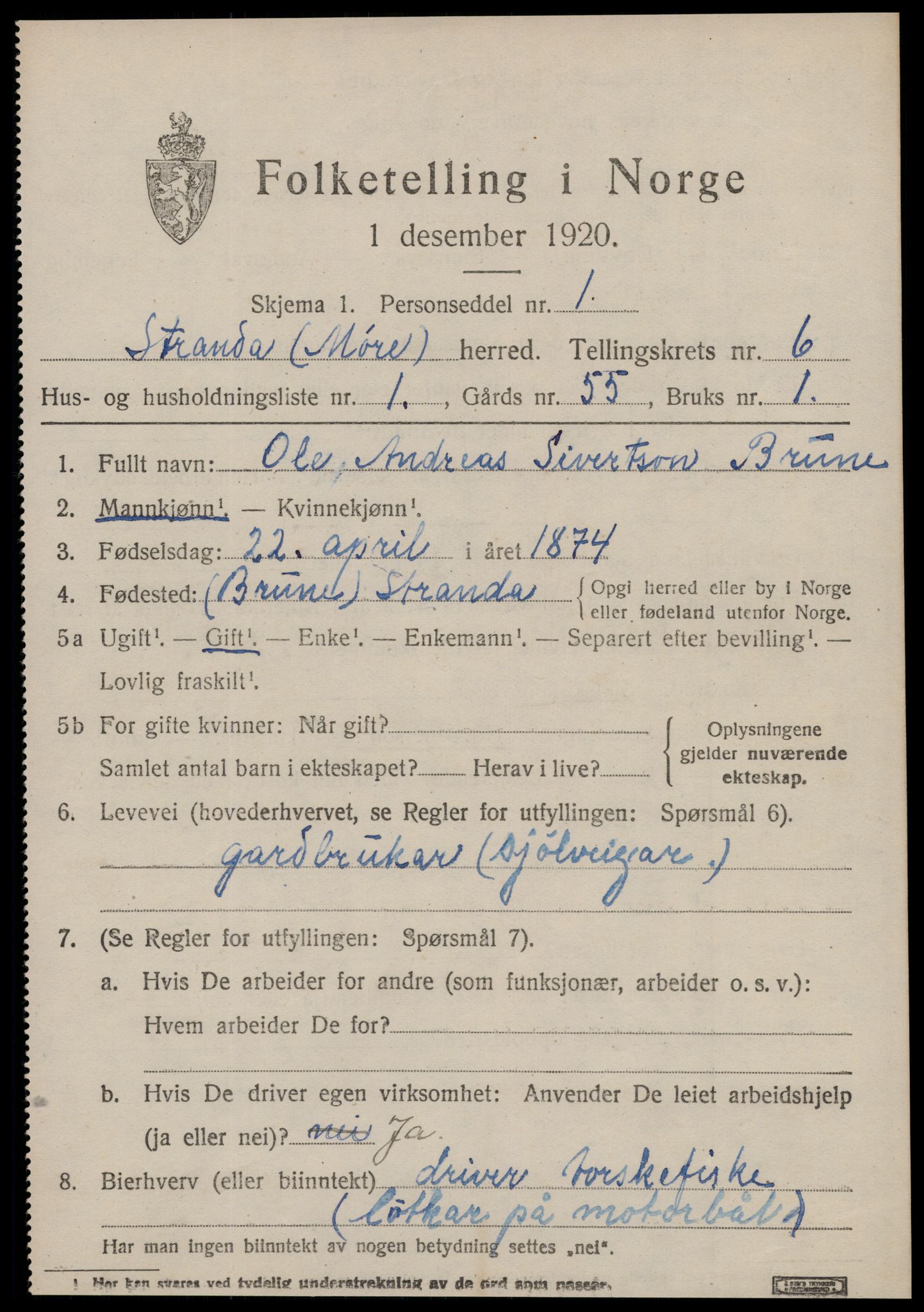 SAT, 1920 census for Stranda, 1920, p. 3571