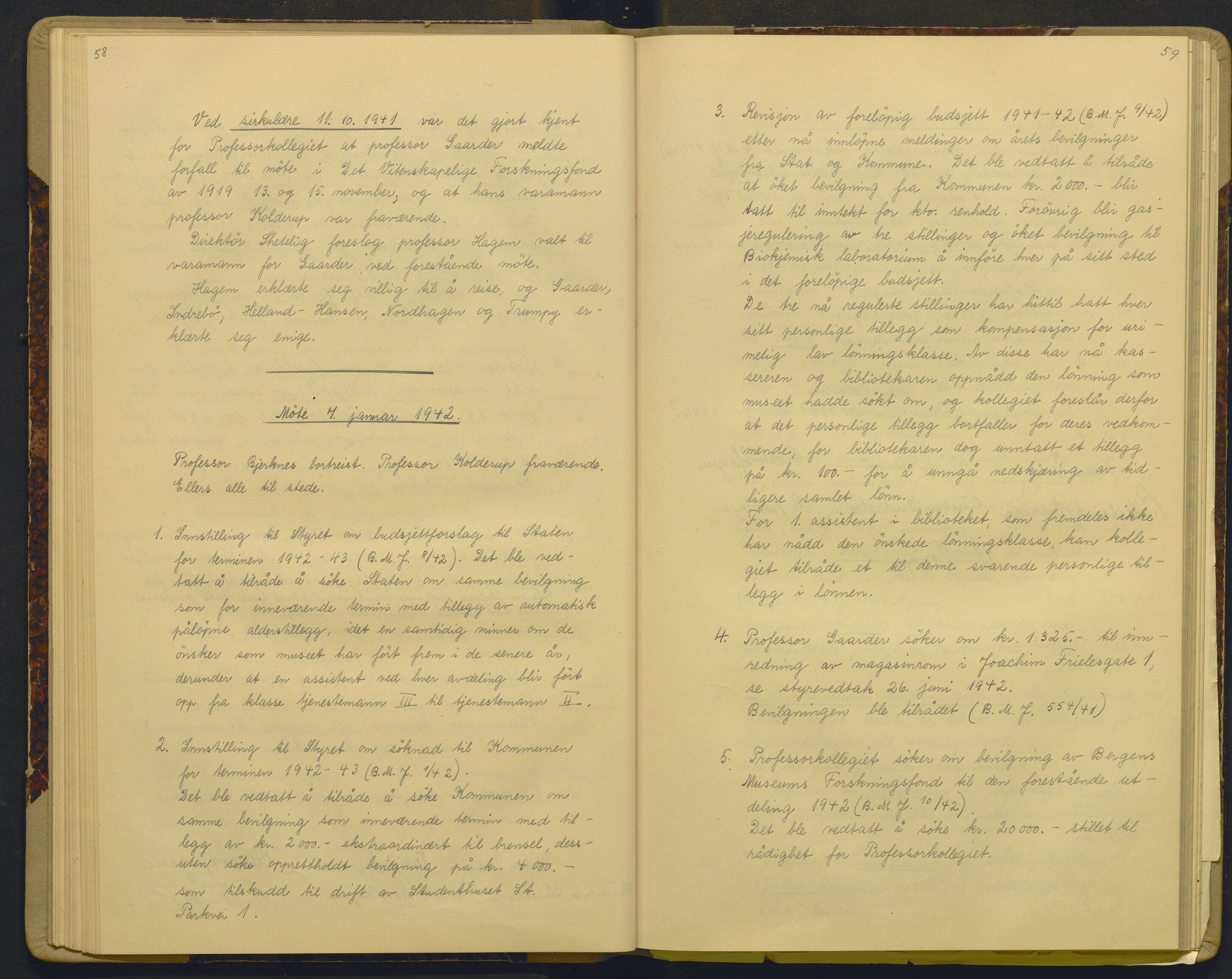 Bergens Museum, AV/SAB-A-17301/18/A/L0003: Professorkollegiets forhandlingsprotokoll med register , 1939-1944, p. 58-59