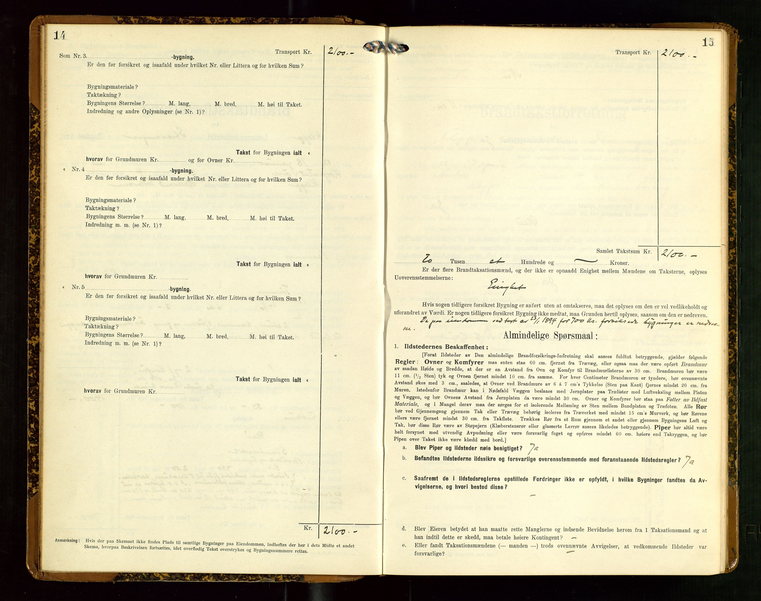 Klepp lensmannskontor, SAST/A-100163/Goc/L0007: "Brandtaxationsprotokol" m/register, 1911-1915, p. 14-15