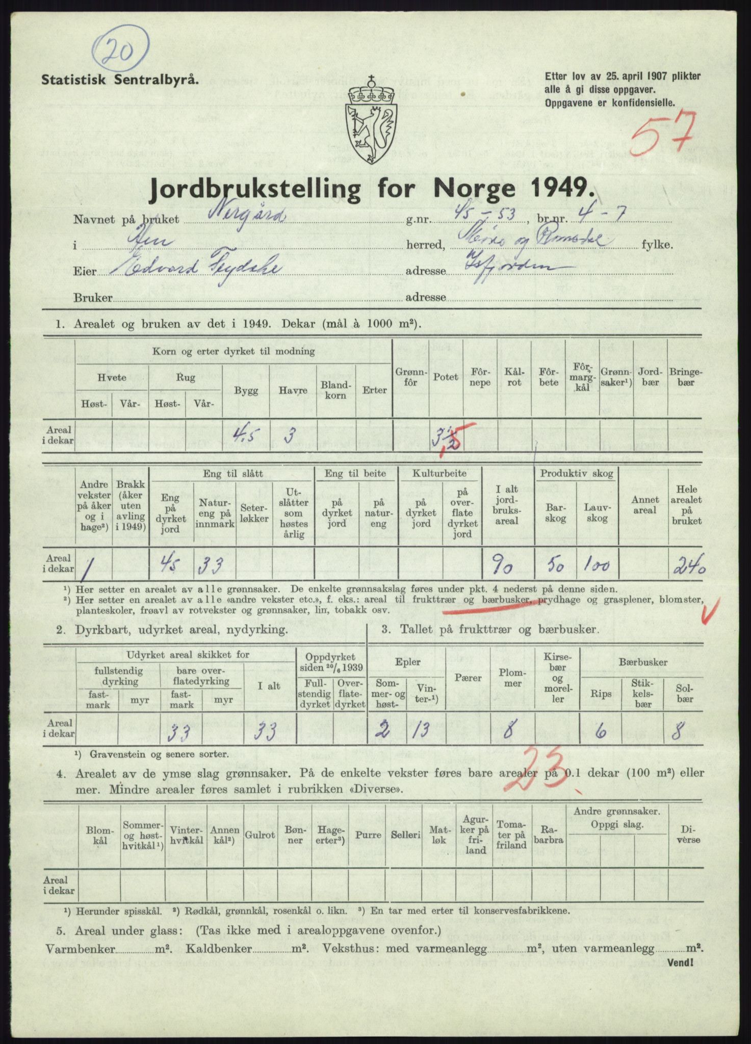 Statistisk sentralbyrå, Næringsøkonomiske emner, Jordbruk, skogbruk, jakt, fiske og fangst, AV/RA-S-2234/G/Gc/L0323: Møre og Romsdal: Grytten og Hen, 1949, p. 835