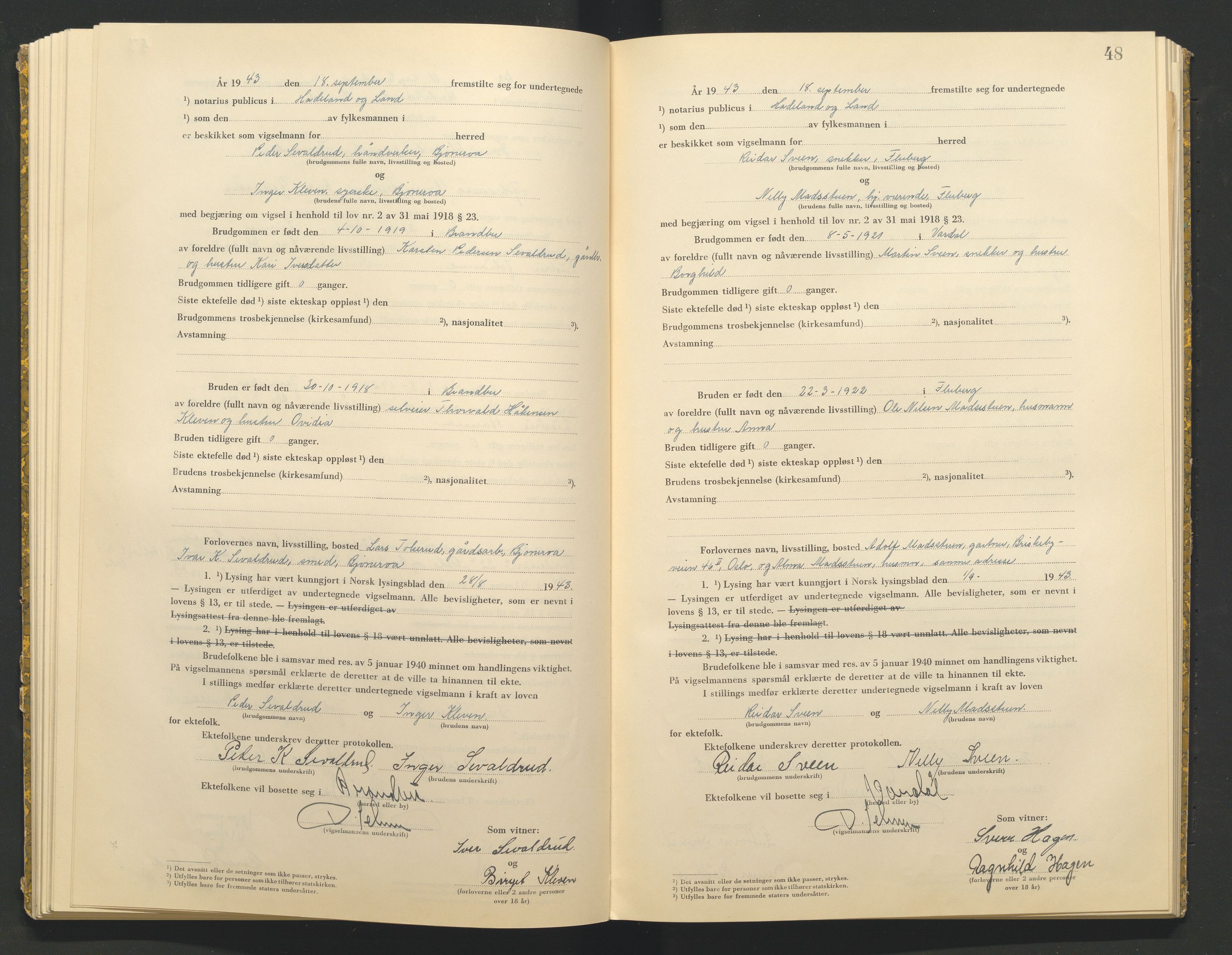 Hadeland og Land tingrett, AV/SAH-TING-010/L/Lb/L0002: Vigselbok, 1943-1944, p. 48