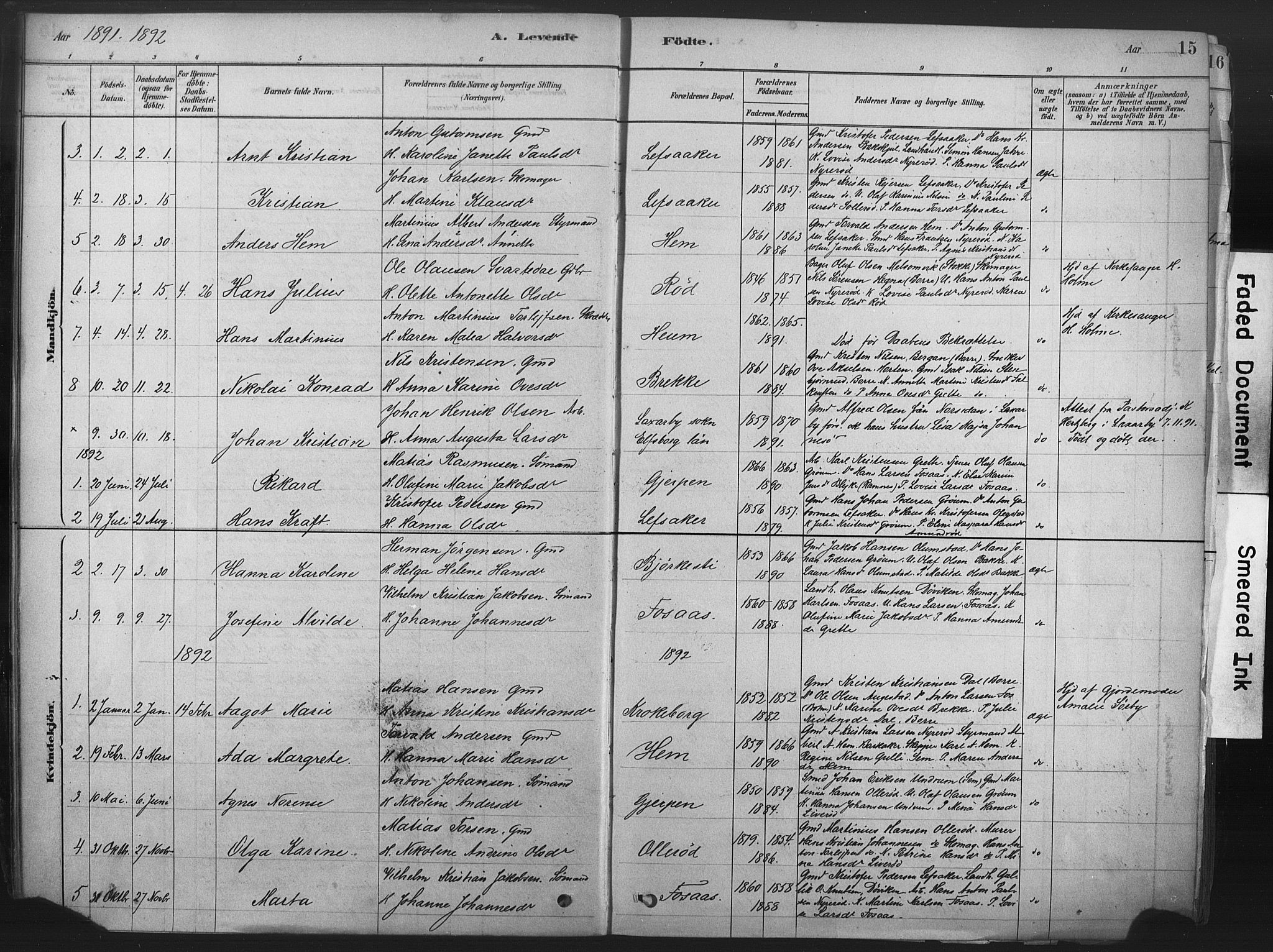 Våle kirkebøker, AV/SAKO-A-334/F/Fb/L0002: Parish register (official) no. II 2, 1878-1907, p. 15