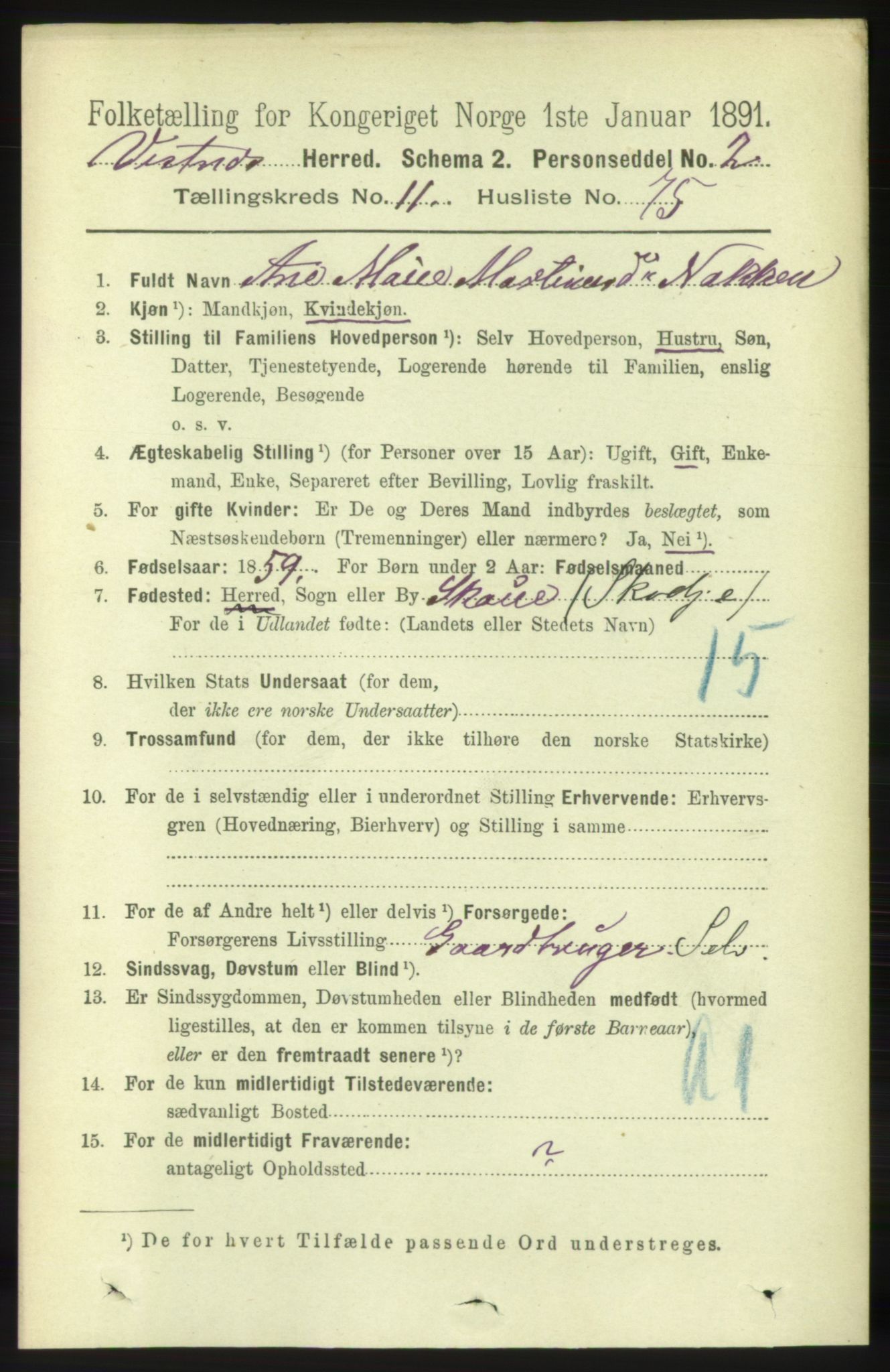 RA, 1891 census for 1535 Vestnes, 1891, p. 4364