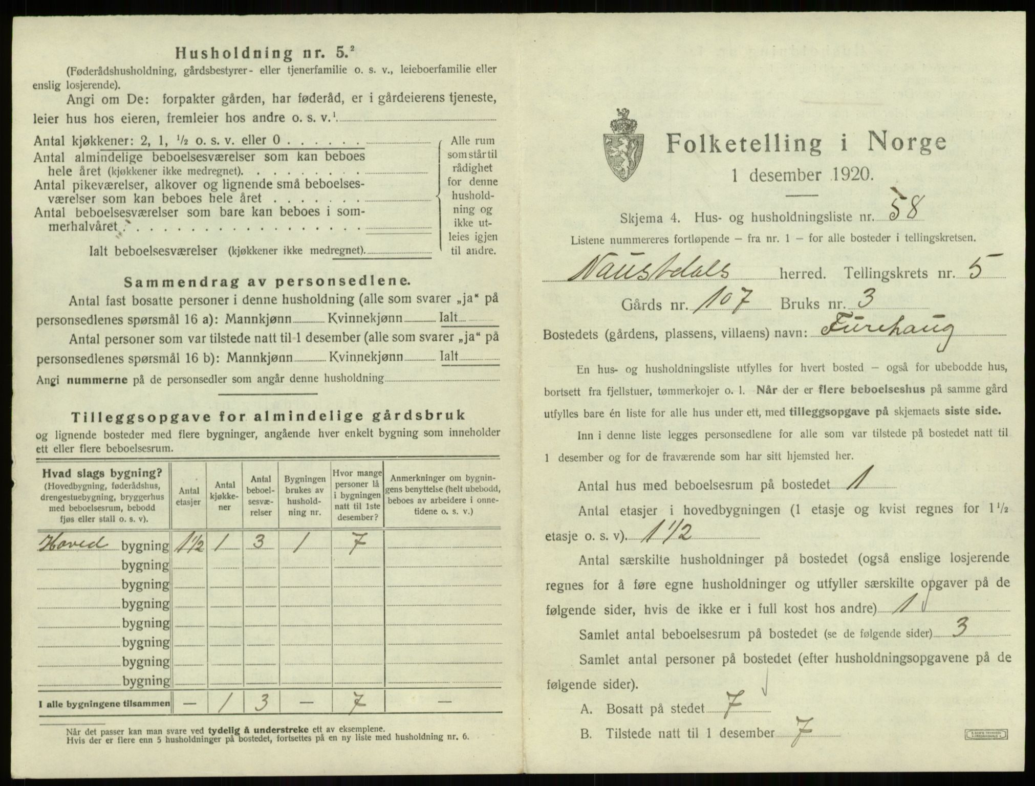 SAB, 1920 census for Naustdal, 1920, p. 507