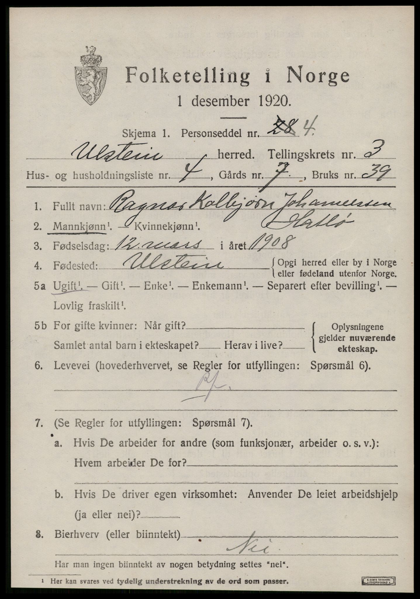 SAT, 1920 census for Ulstein, 1920, p. 1678