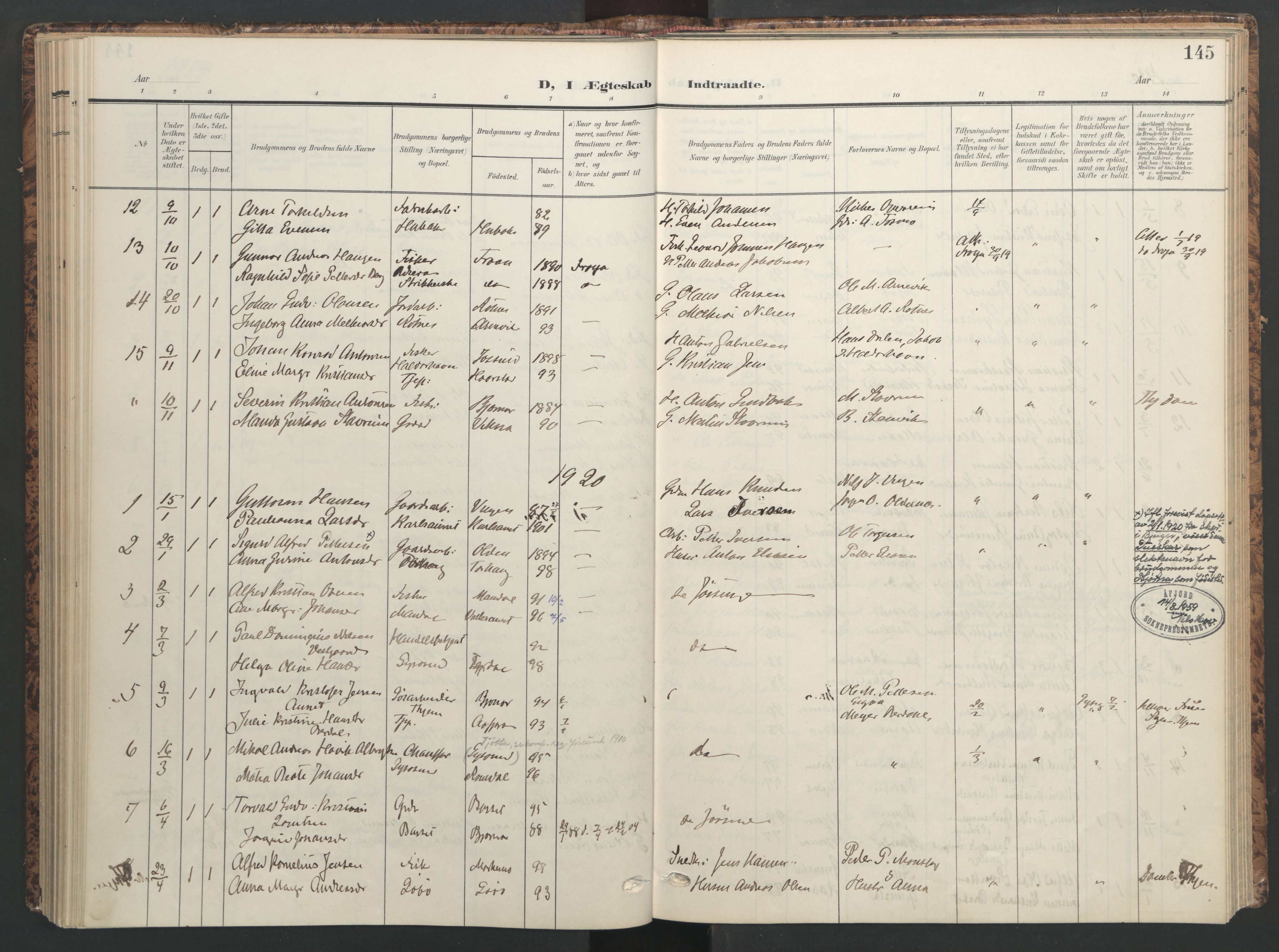 Ministerialprotokoller, klokkerbøker og fødselsregistre - Sør-Trøndelag, SAT/A-1456/655/L0682: Parish register (official) no. 655A11, 1908-1922, p. 145