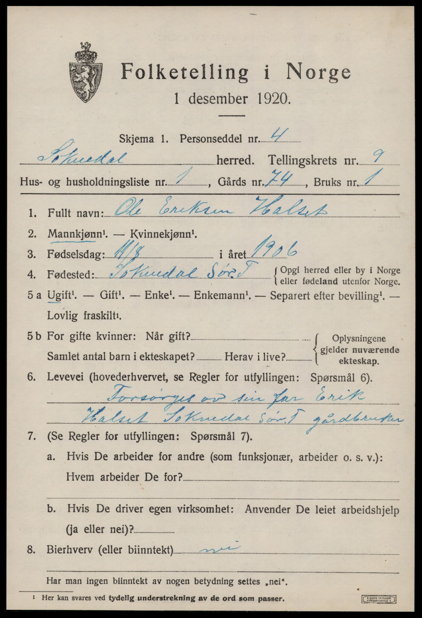 SAT, 1920 census for Soknedal, 1920, p. 4386