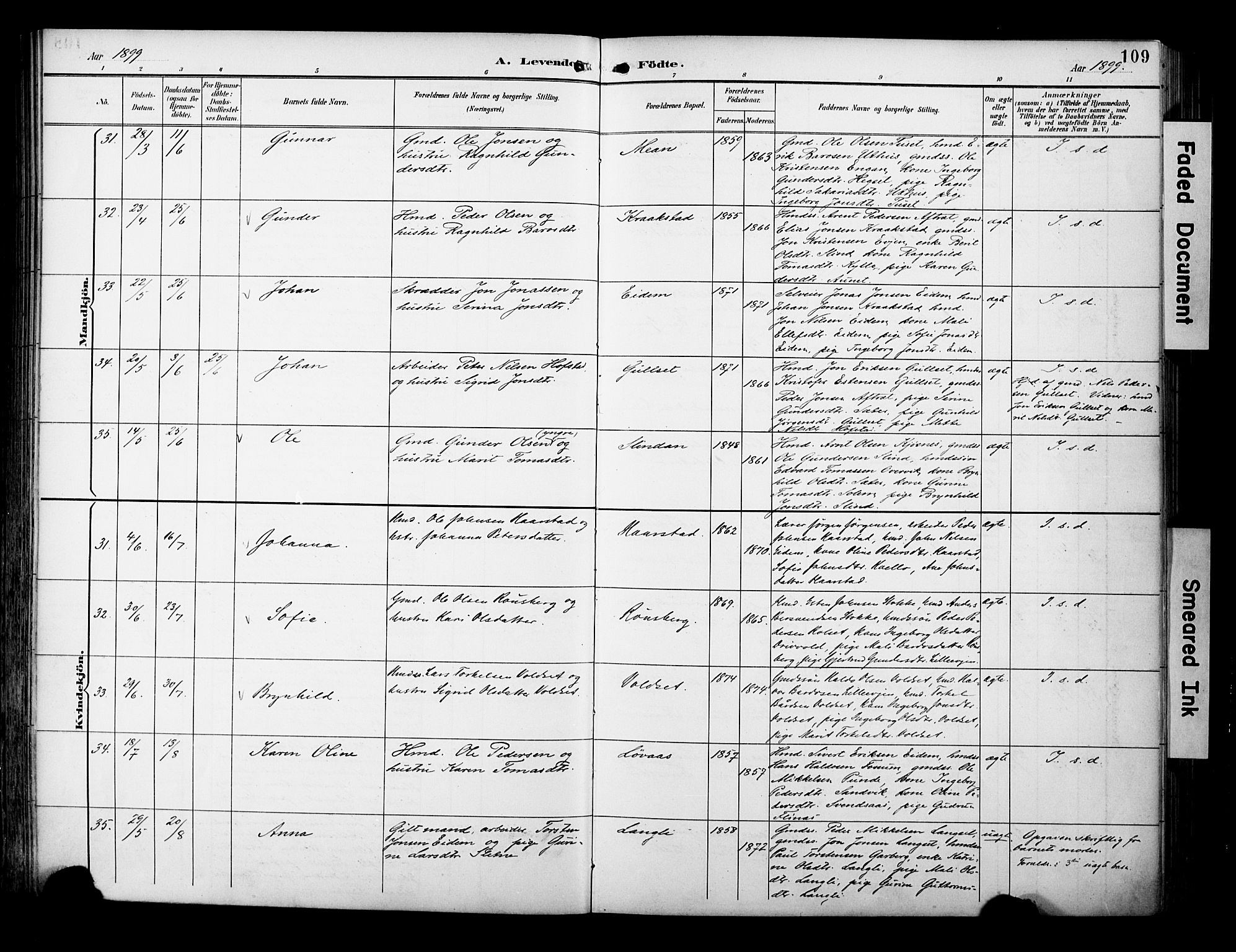 Ministerialprotokoller, klokkerbøker og fødselsregistre - Sør-Trøndelag, AV/SAT-A-1456/695/L1149: Parish register (official) no. 695A09, 1891-1902, p. 109