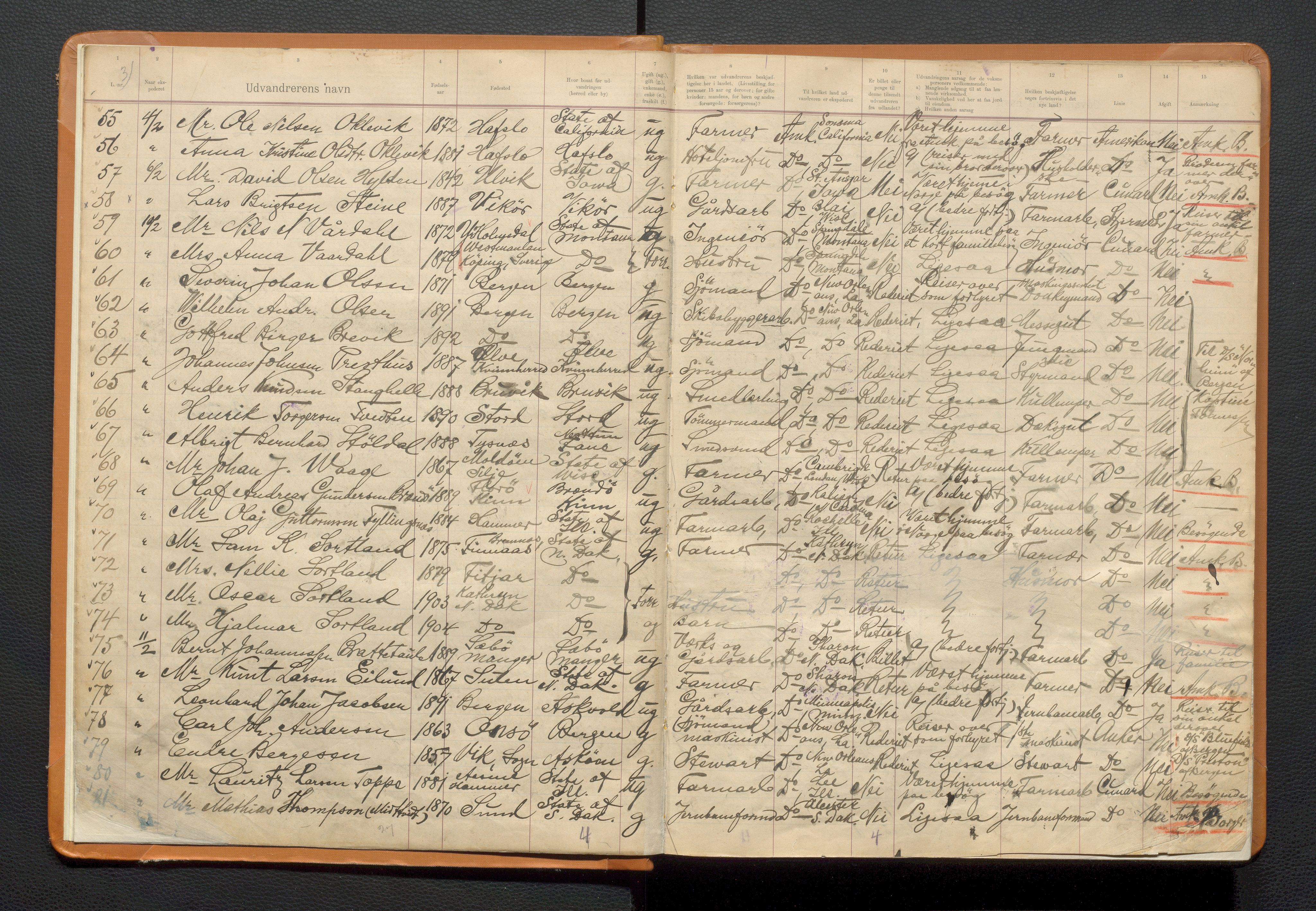 Bergen politikammer / politidistrikt, AV/SAB-A-60401/J.a/J.ab/L0009: Emigranter til Amerika, 1908-1909