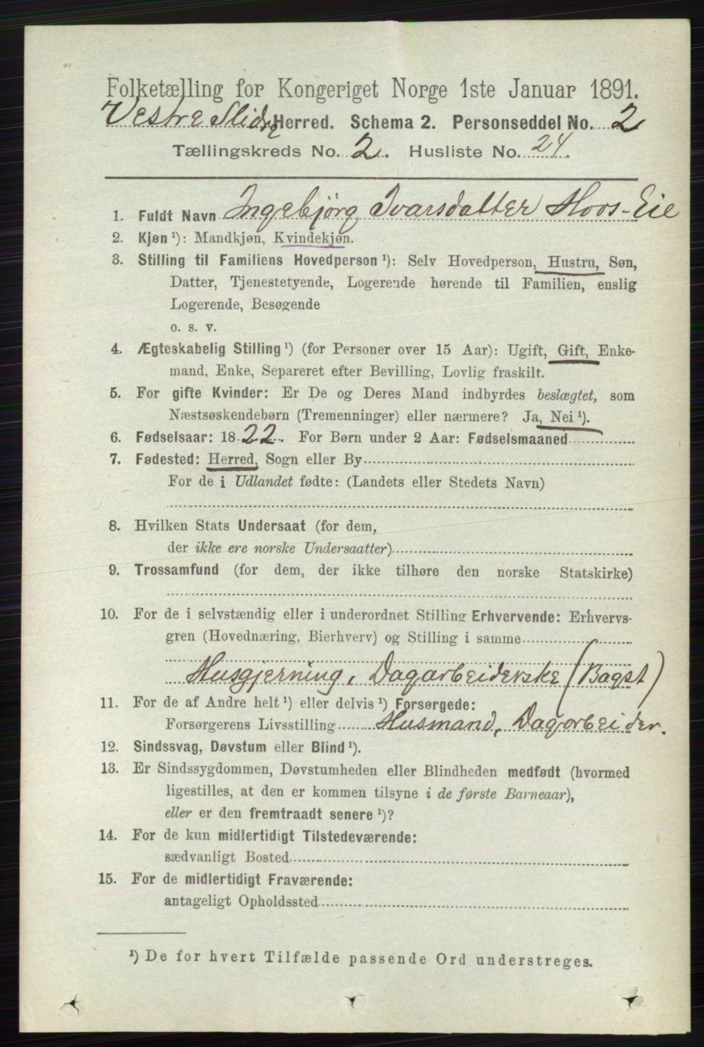 RA, 1891 census for 0543 Vestre Slidre, 1891, p. 658