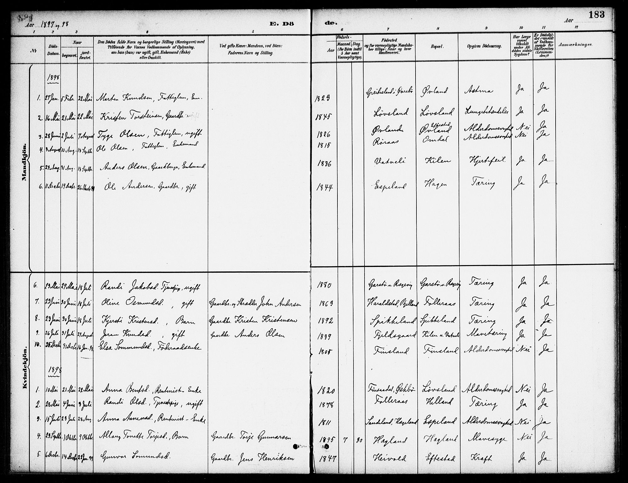 Bjelland sokneprestkontor, AV/SAK-1111-0005/F/Fa/Fab/L0004: Parish register (official) no. A 4, 1887-1920, p. 183