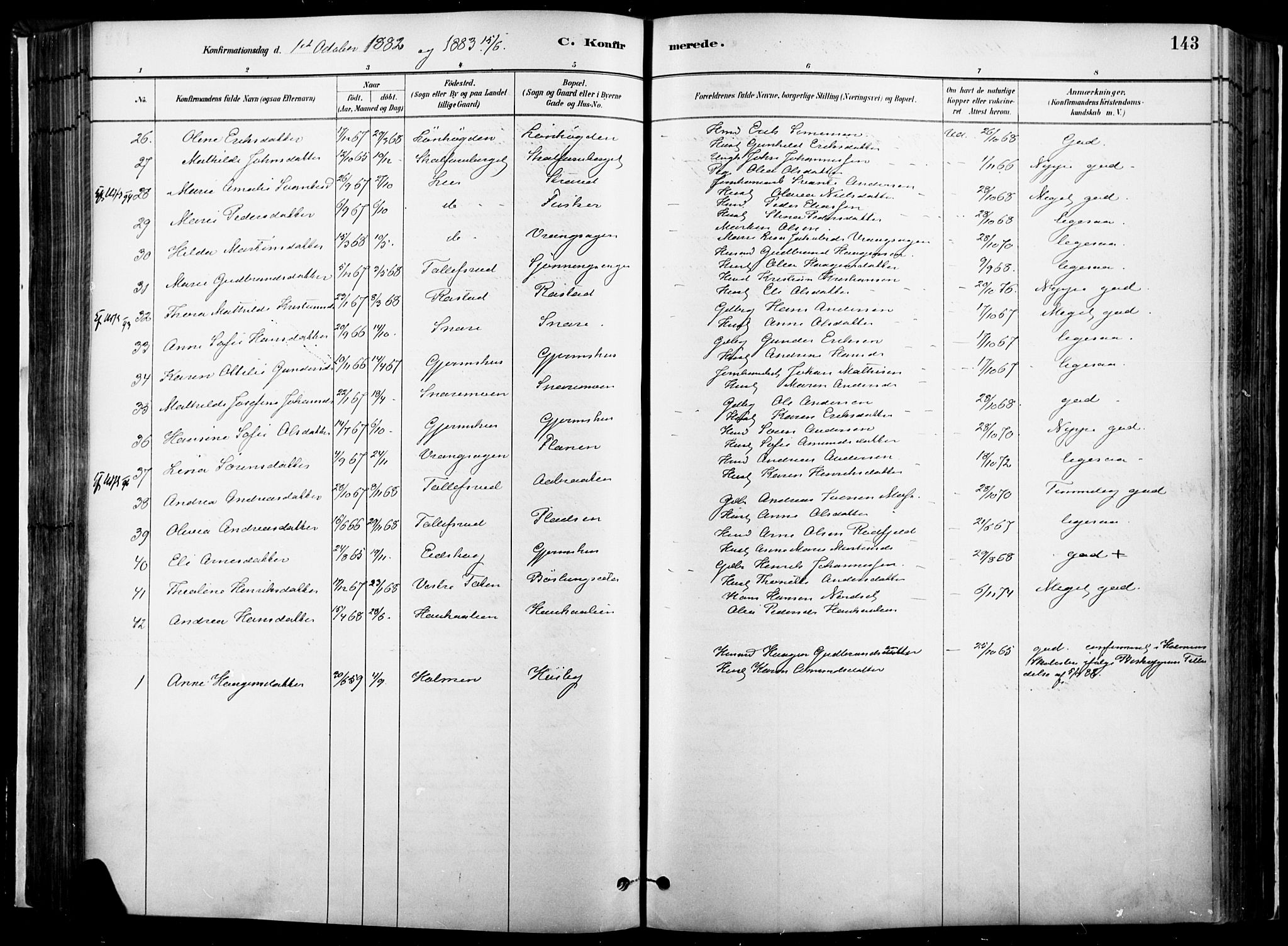 Vinger prestekontor, SAH/PREST-024/H/Ha/Haa/L0014: Parish register (official) no. 14, 1881-1900, p. 143