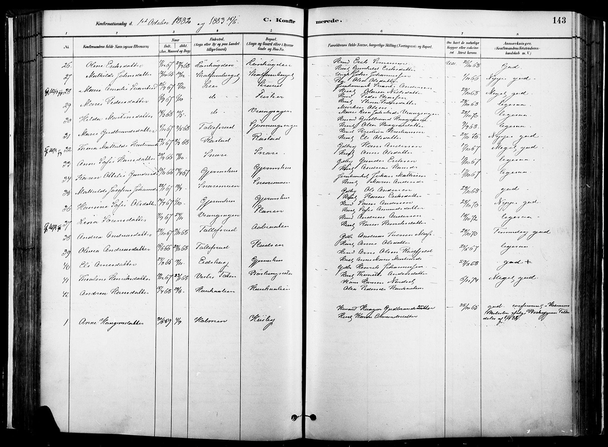 Vinger prestekontor, AV/SAH-PREST-024/H/Ha/Haa/L0014: Parish register (official) no. 14, 1881-1900, p. 143