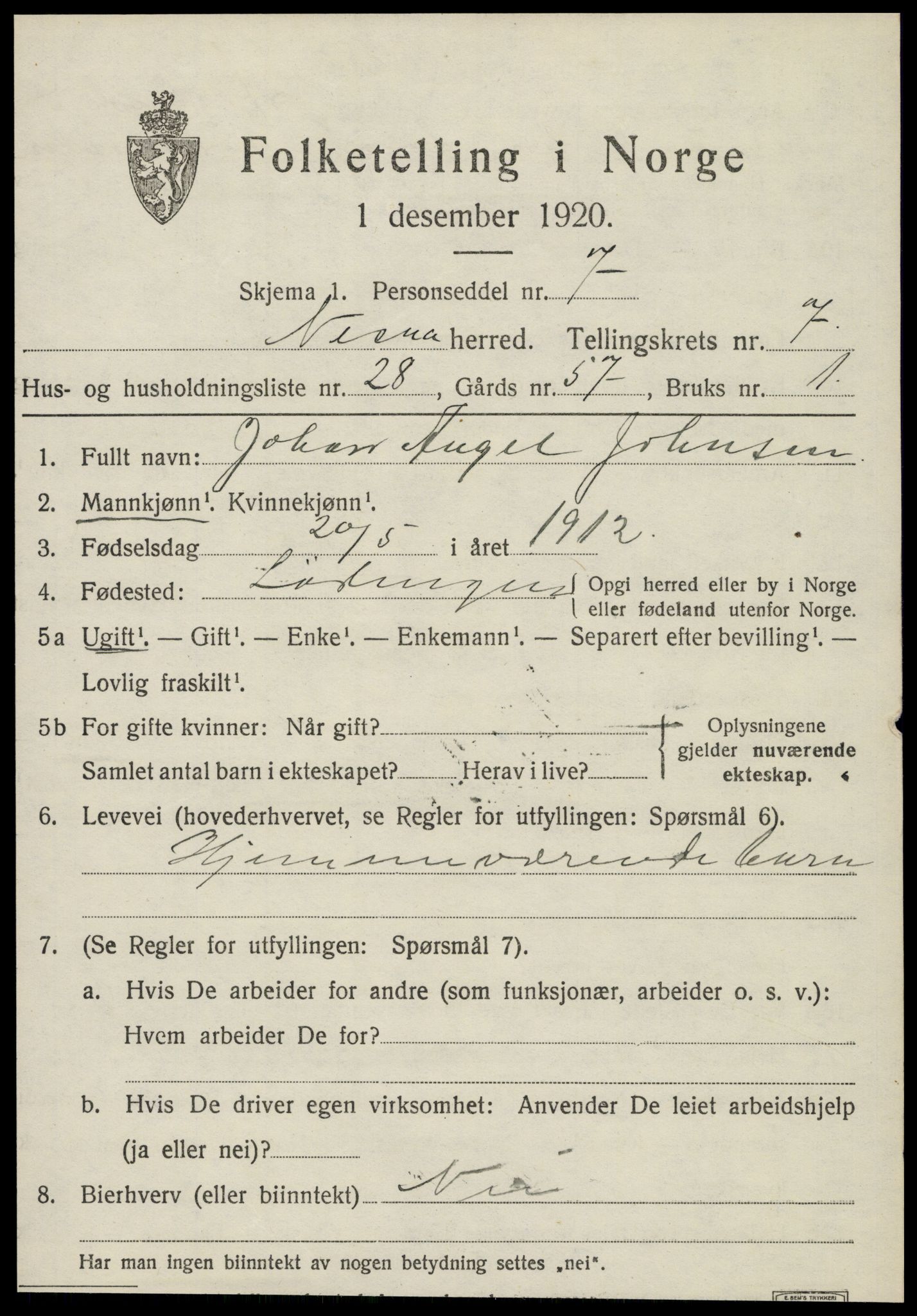 SAT, 1920 census for Nesna, 1920, p. 5745