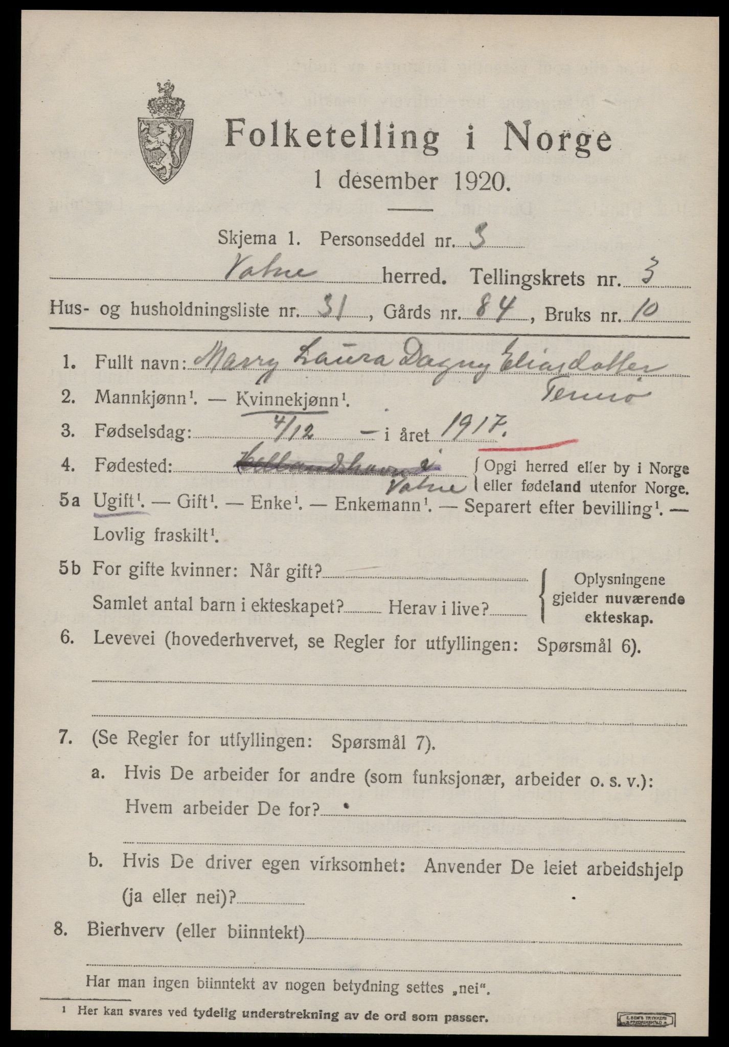 SAT, 1920 census for Vatne, 1920, p. 1774