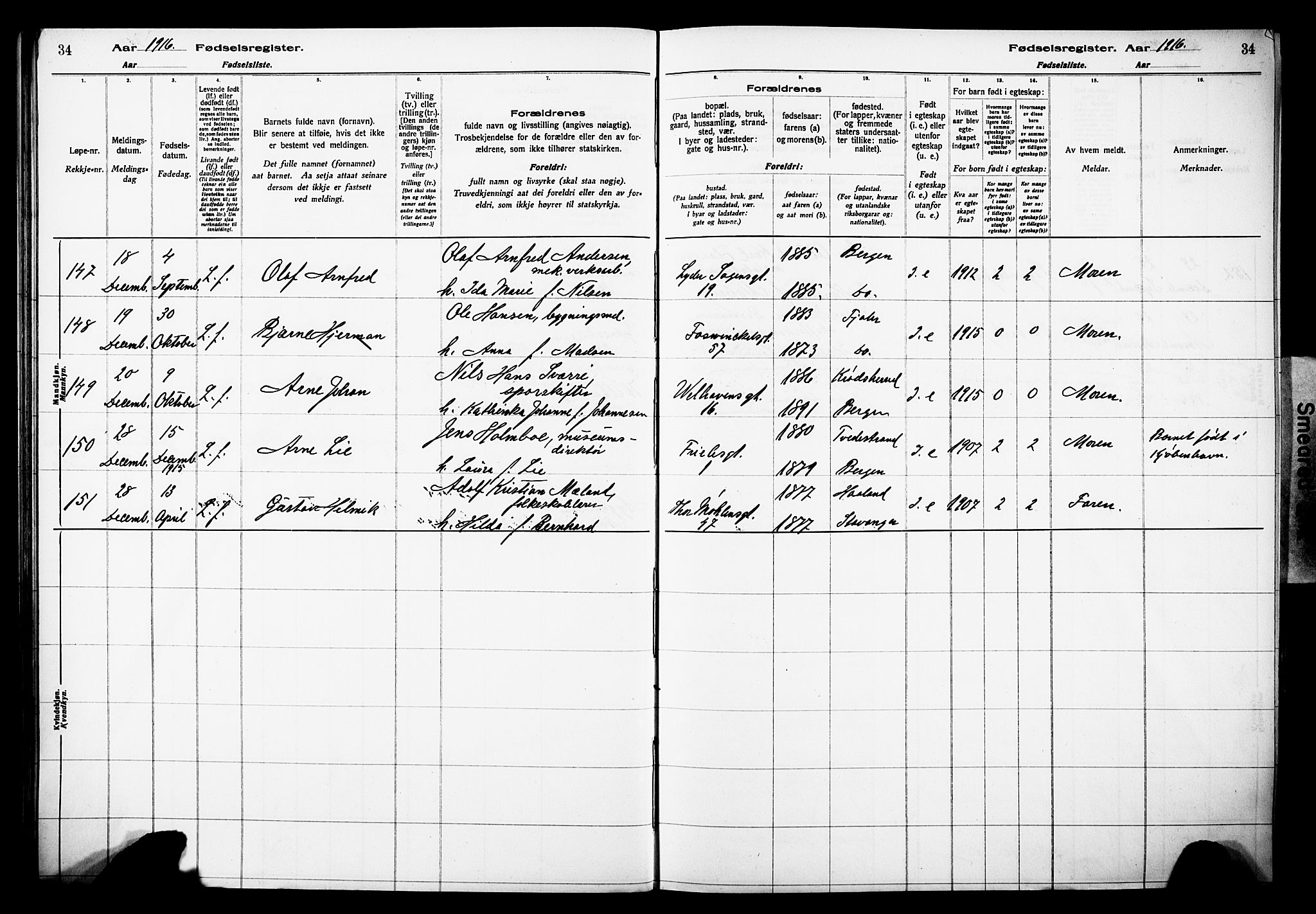 Johanneskirken sokneprestembete, AV/SAB-A-76001/I/Id/L00A1: Birth register no. A 1, 1916-1924, p. 34